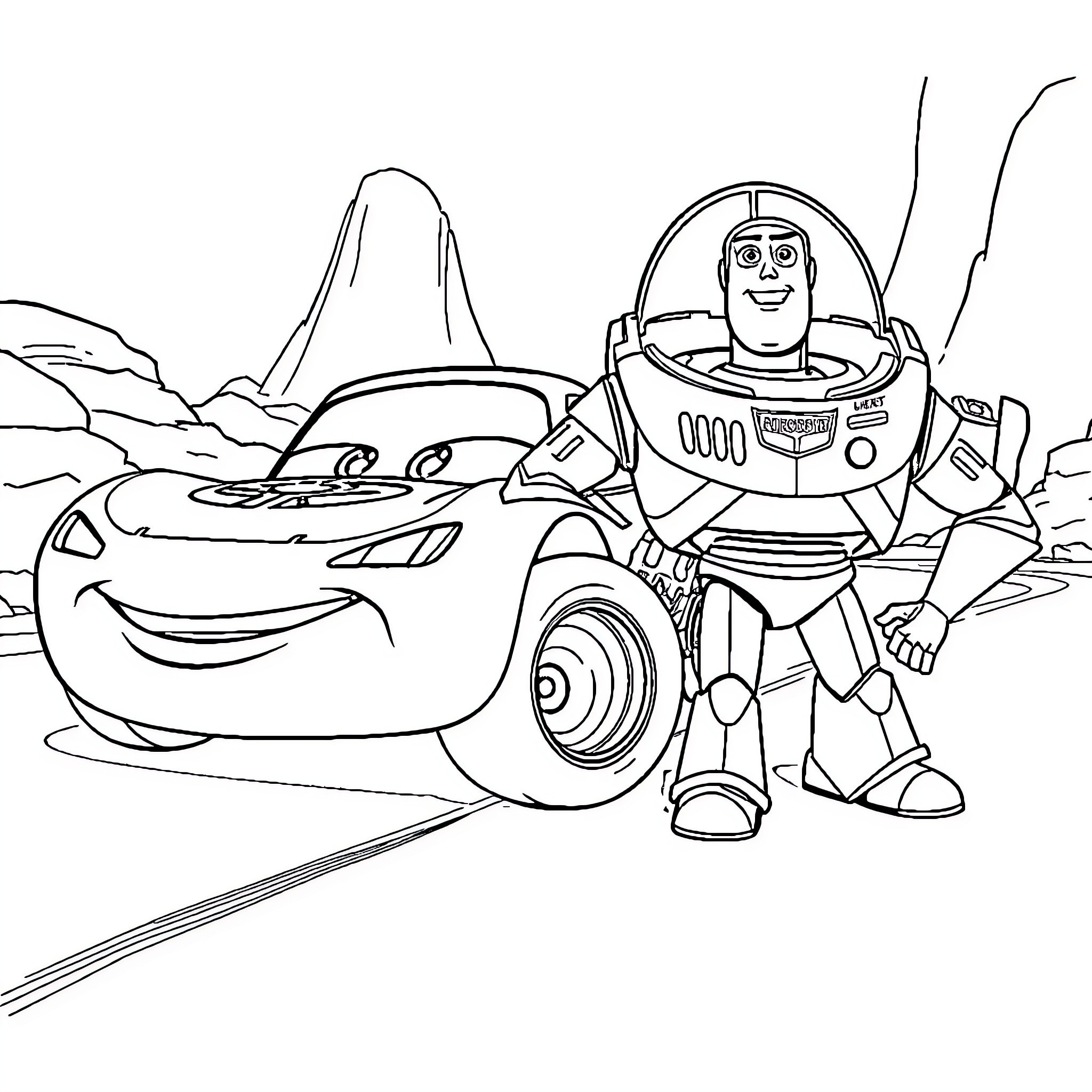 Lightning McQueen and Buzz Lightyear in an adventure Coloring Page (free black-and-white line drawing printable PDF for all, from beginners to advanced learners, including children, teens, adults, and seniors)