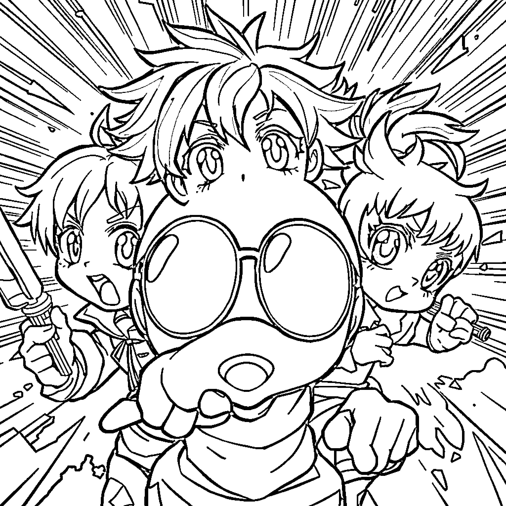 Anime Characters Engaged in Comedic Hijinks Coloring Page (free black-and-white line drawing printable PDF for all, from beginners to advanced learners, including children, teens, adults, and seniors)