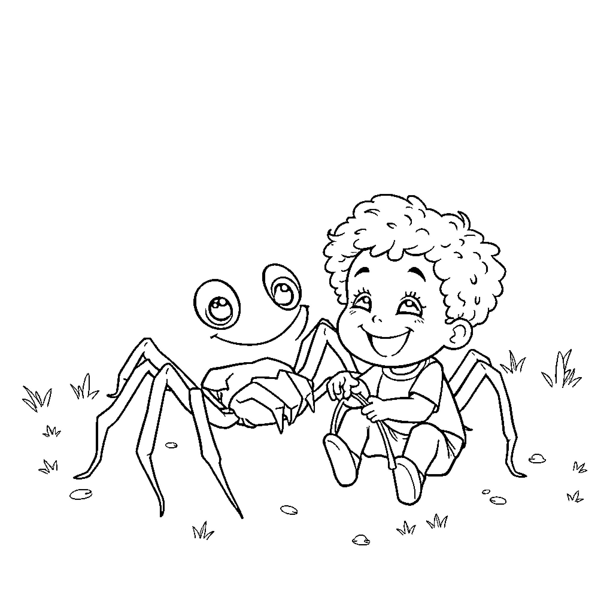 Spider-themed Playful Creature Interaction Coloring Page (free black-and-white line drawing printable PDF for all, from beginners to advanced learners, including children, teens, adults, and seniors)