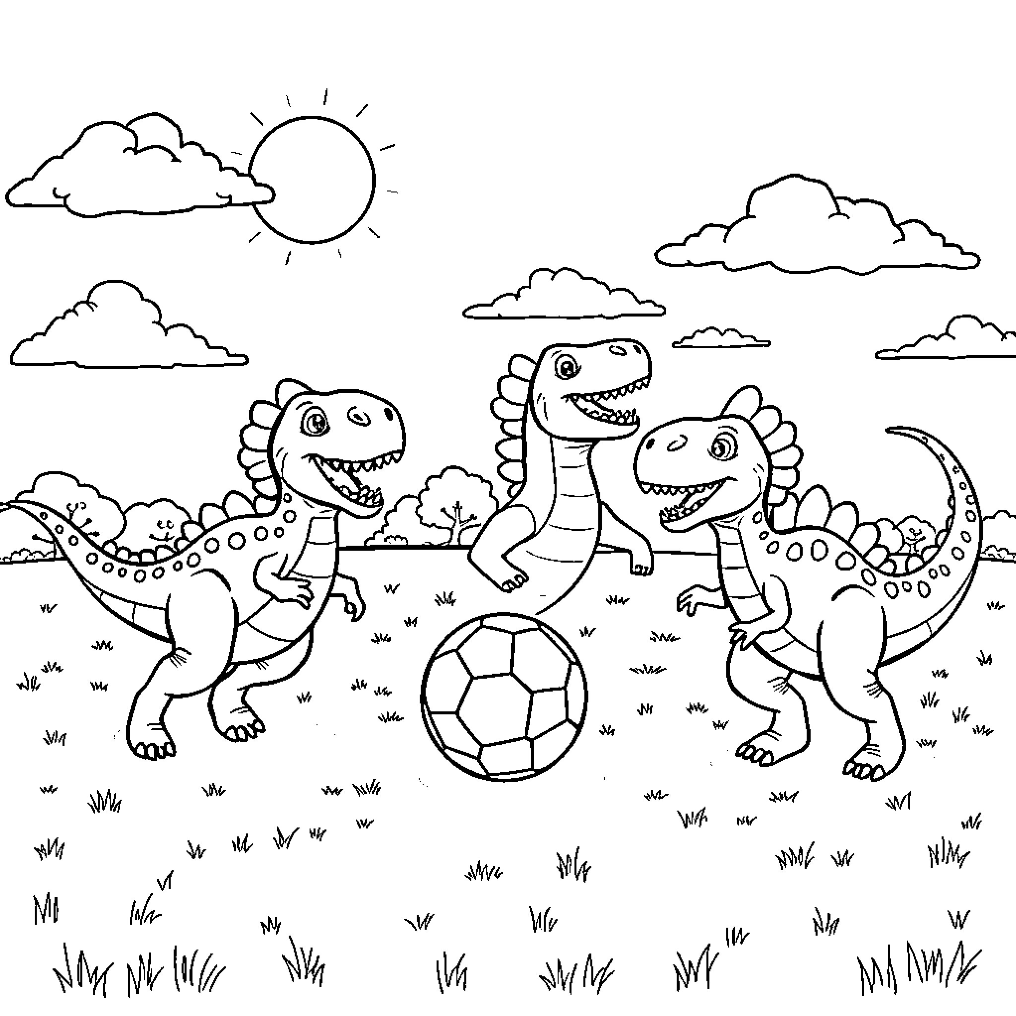 Dinosaurs playing joyfully with soccer ball in grassy field Coloring Page (free black-and-white line drawing printable PDF for all, from beginners to advanced learners, including children, teens, adults, and seniors)