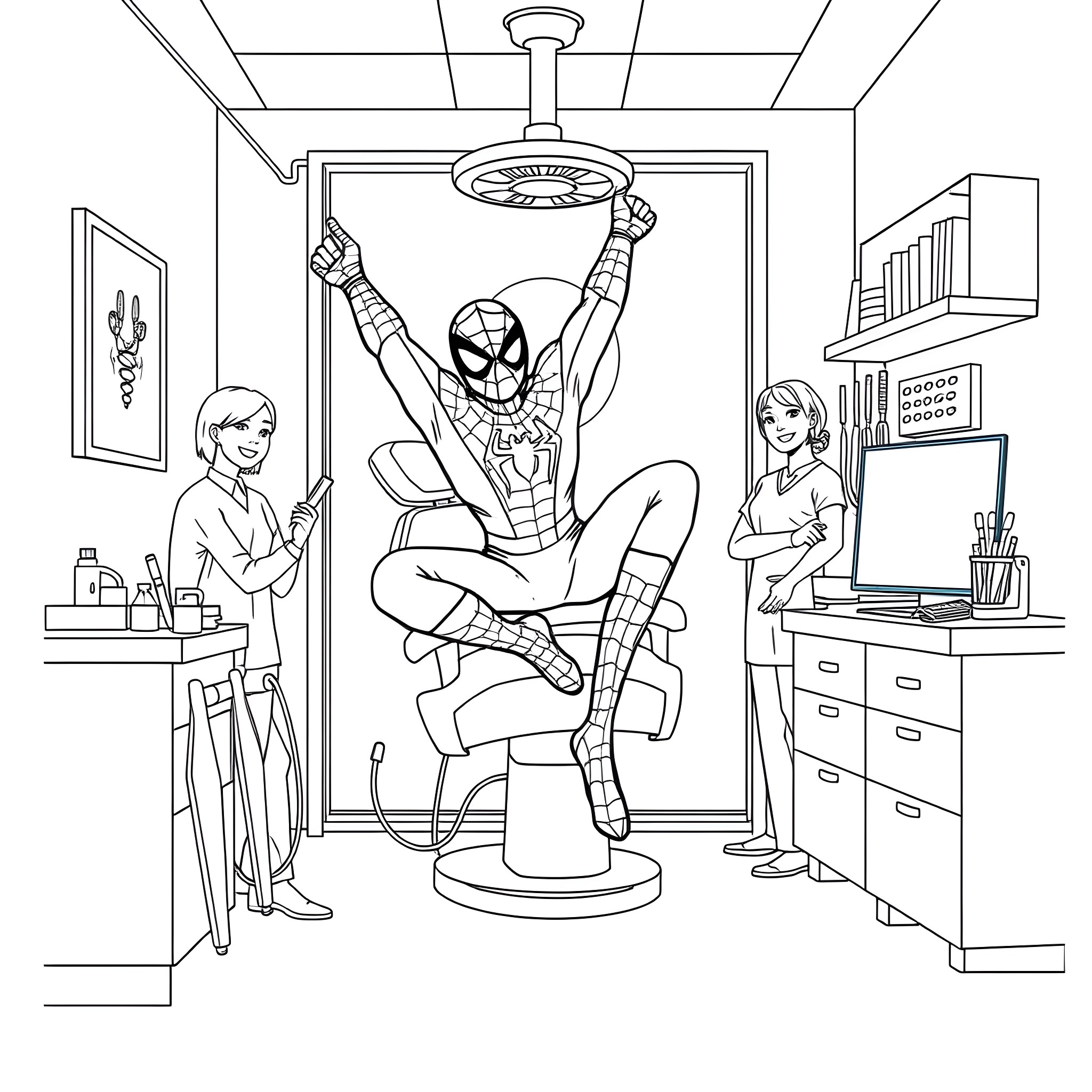 Spiderman enjoying a break at the dentist's office Coloring Page (free black-and-white line drawing printable PDF for all, from beginners to advanced learners, including children, teens, adults, and seniors)