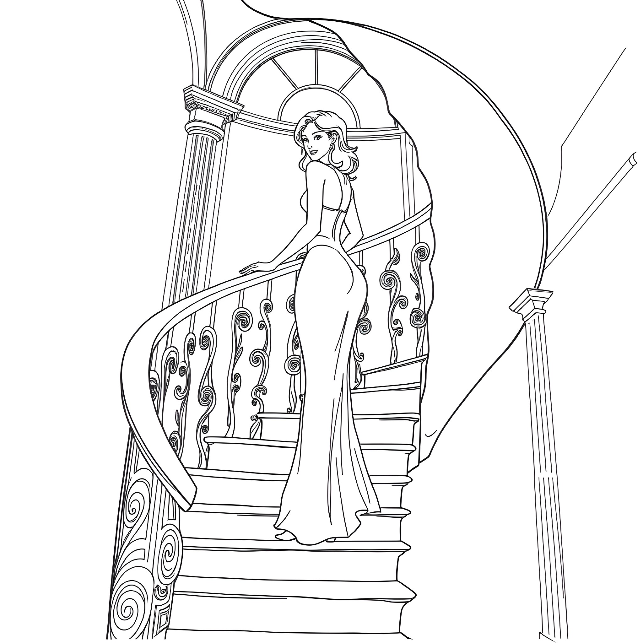 Alexis Texas descending grand staircase in formal gown Coloring Page (free black-and-white line drawing printable PDF for all, from beginners to advanced learners, including children, teens, adults, and seniors)