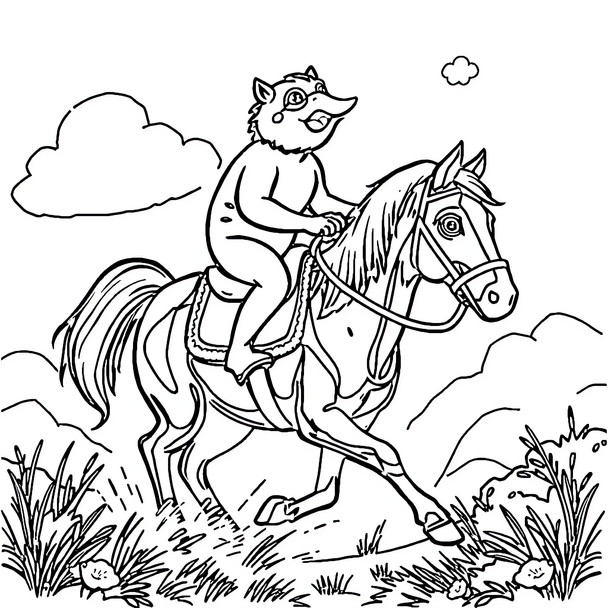 Dachshund riding a horse through the meadow Coloring Page (free black-and-white line drawing printable PDF for all, from beginners to advanced learners, including children, teens, adults, and seniors)