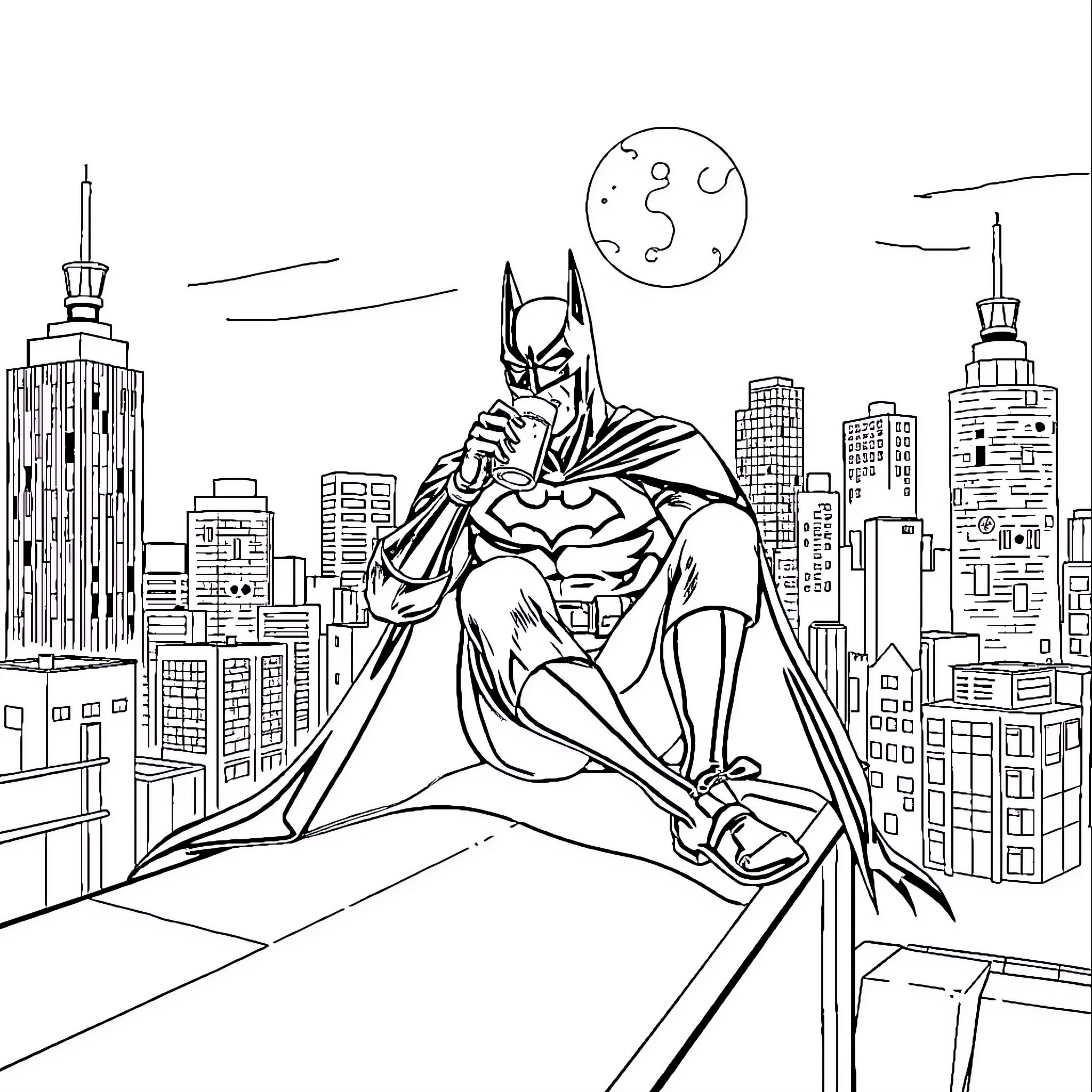 Batman overlooking the city at night Coloring Page (free black-and-white line drawing printable PDF for all, from beginners to advanced learners, including children, teens, adults, and seniors)