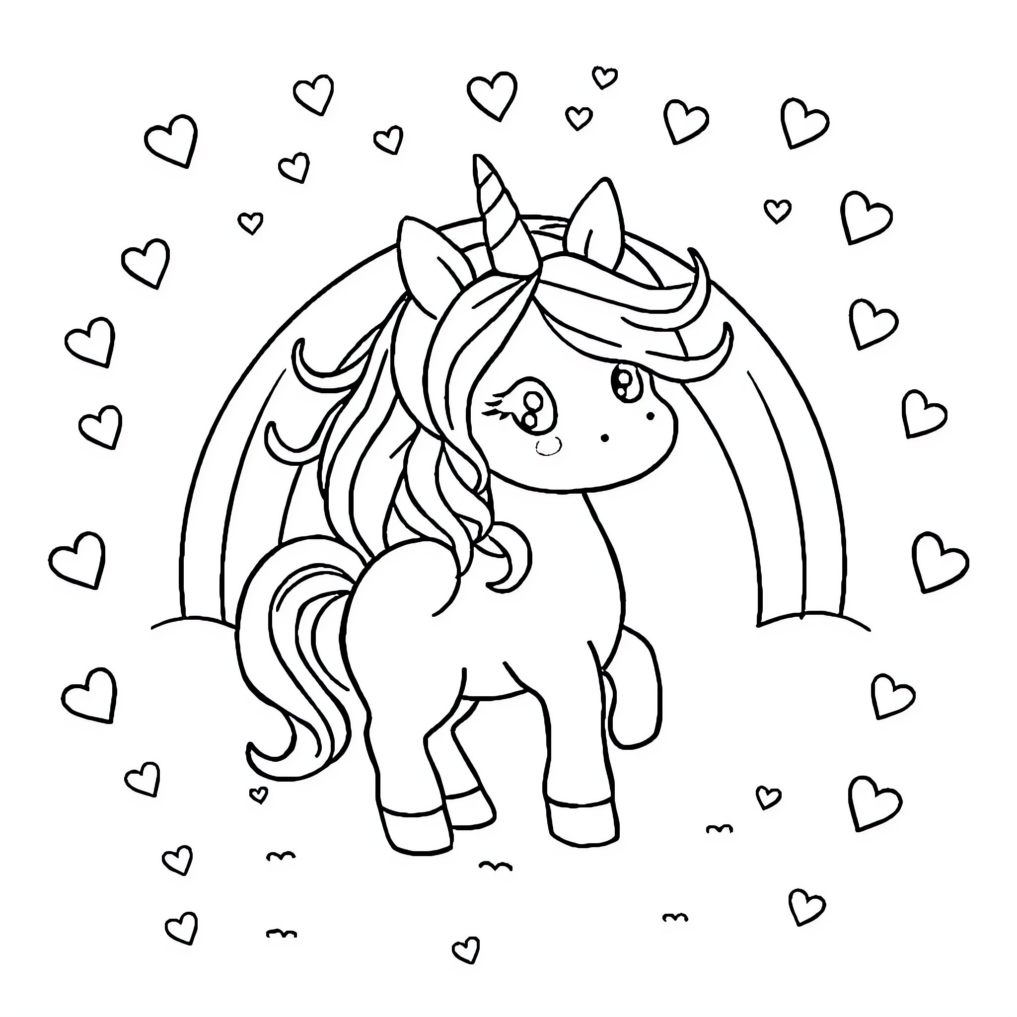 Unicorn surrounded by hearts Coloring Page (free black-and-white line drawing printable PDF for all, from beginners to advanced learners, including children, teens, adults, and seniors)