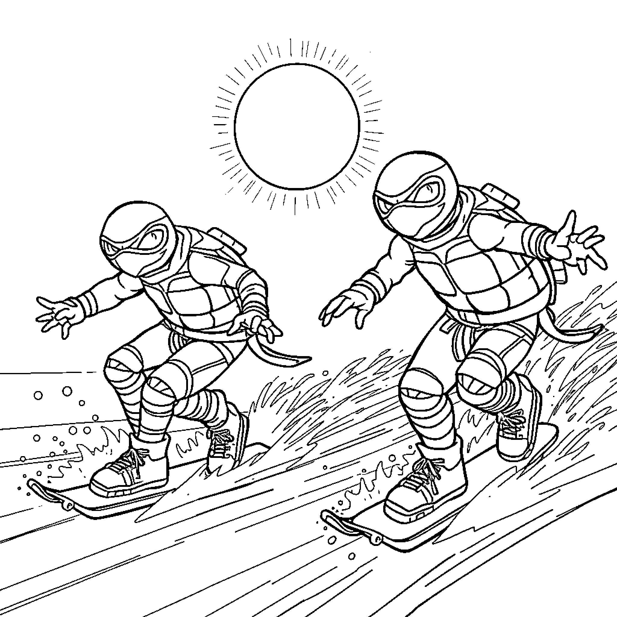 Tortuga Ninja snowboarding adventure Coloring Page (free black-and-white line drawing printable PDF for all, from beginners to advanced learners, including children, teens, adults, and seniors)