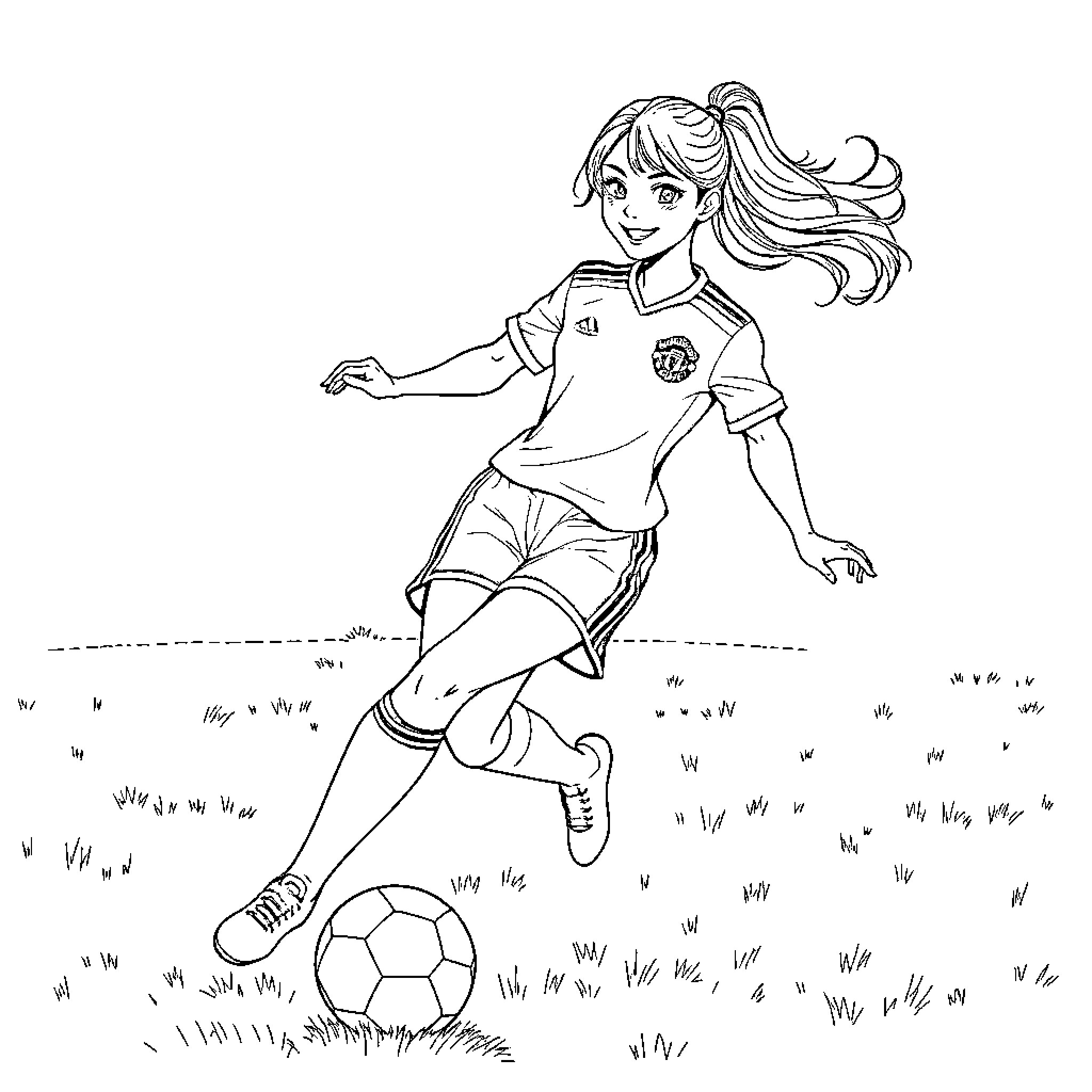 Mira playing soccer on the field Coloring Page (free black-and-white line drawing printable PDF for all, from beginners to advanced learners, including children, teens, adults, and seniors)
