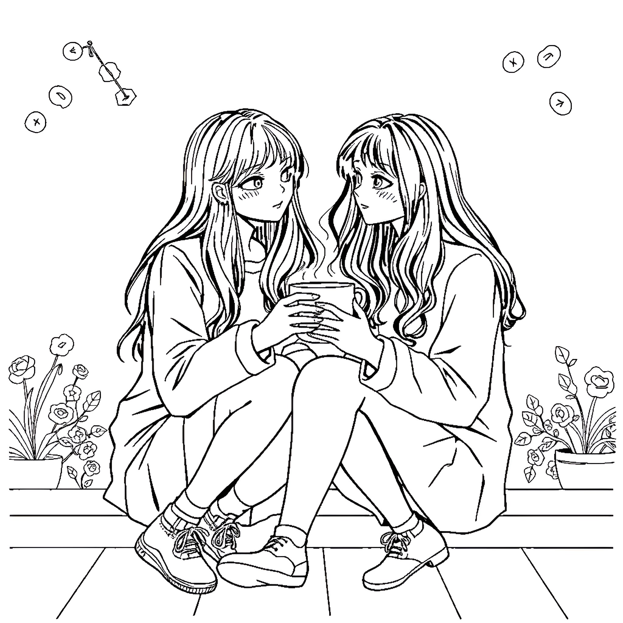 Girls Sitting Together and Sharing a Mobile Device Coloring Page (free black-and-white line drawing printable PDF for all, from beginners to advanced learners, including children, teens, adults, and seniors)
