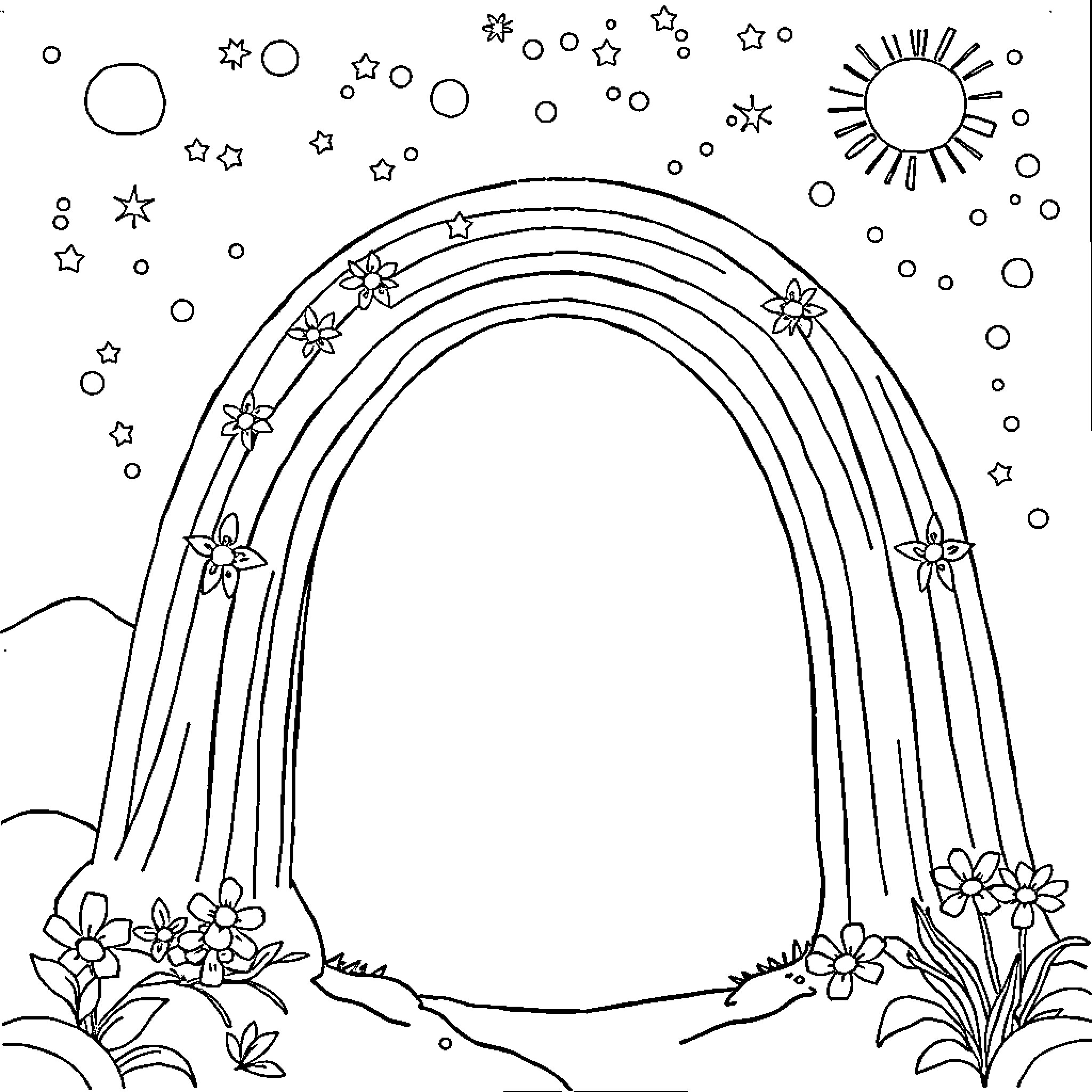 Rainbow Arch with Blooming Flowers and Shining Sun Coloring Page (free black-and-white line drawing printable PDF for all, from beginners to advanced learners, including children, teens, adults, and seniors)