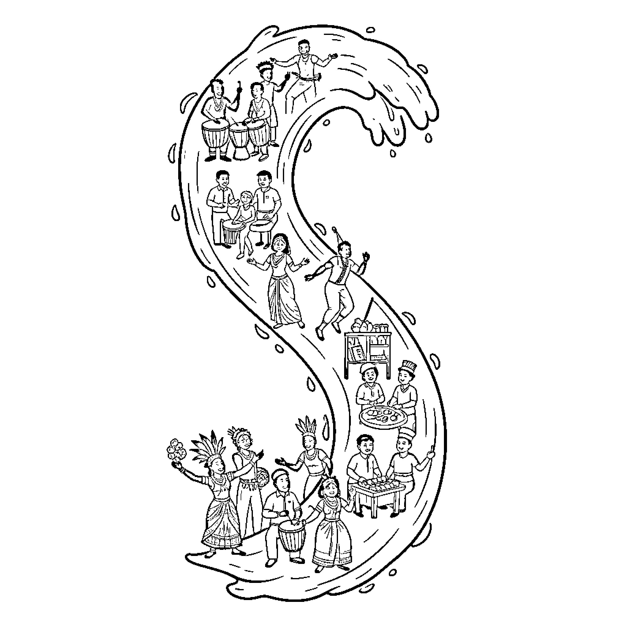 Wave of Diverse People Engaged in Various Activities Coloring Page (free black-and-white line drawing printable PDF for all, from beginners to advanced learners, including children, teens, adults, and seniors)