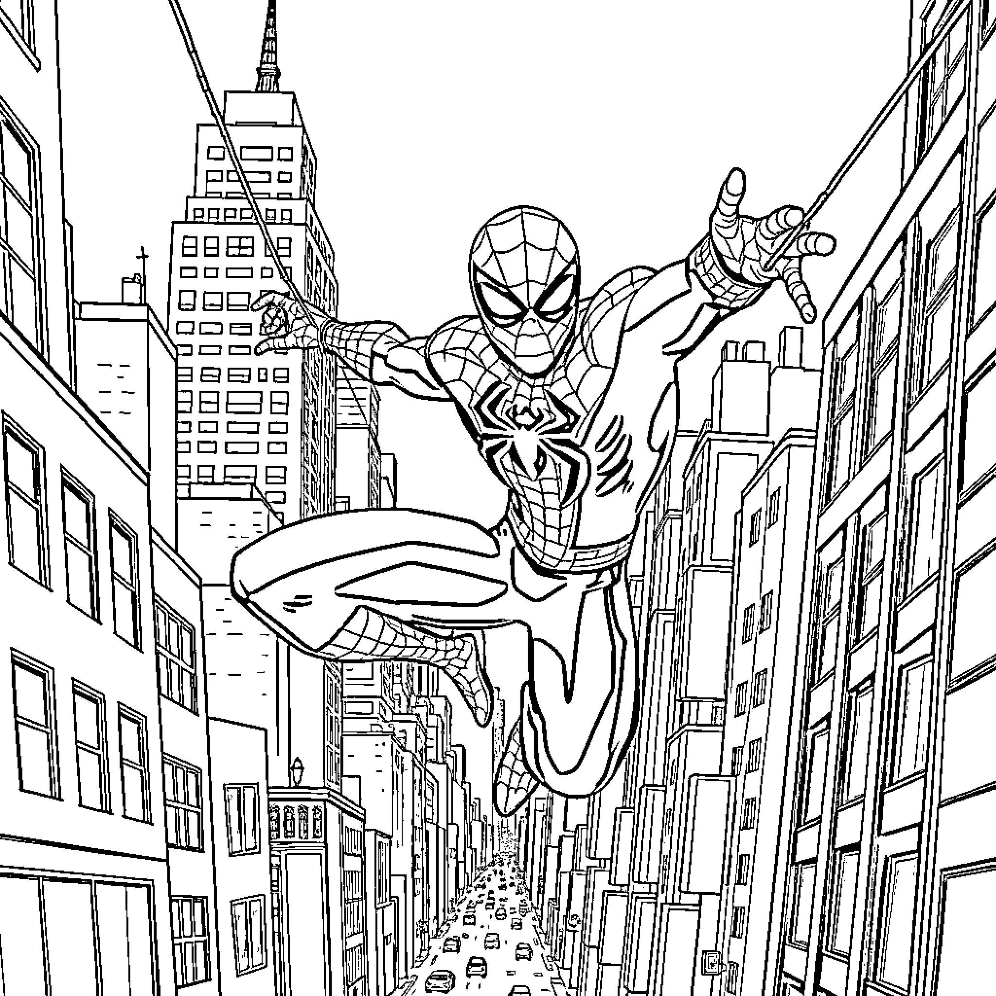 Spiderman swinging through the city skyline Coloring Page (free black-and-white line drawing printable PDF for all, from beginners to advanced learners, including children, teens, adults, and seniors)