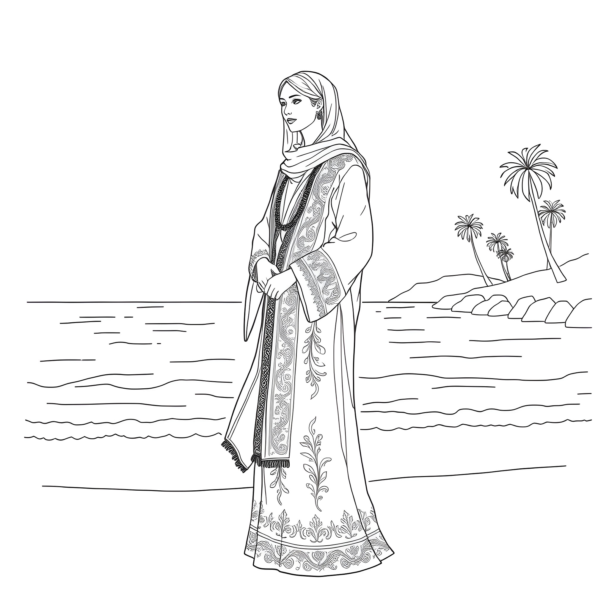 Traditional Clothing of a Woman in Desert Landscape Coloring Page (free black-and-white line drawing printable PDF for all, from beginners to advanced learners, including children, teens, adults, and seniors)