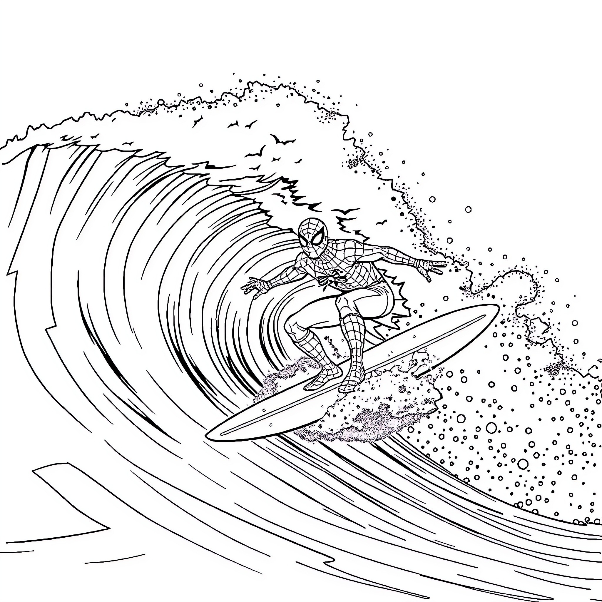 Spiderman surfs a giant wave with agility and skill Coloring Page (free black-and-white line drawing printable PDF for all, from beginners to advanced learners, including children, teens, adults, and seniors)