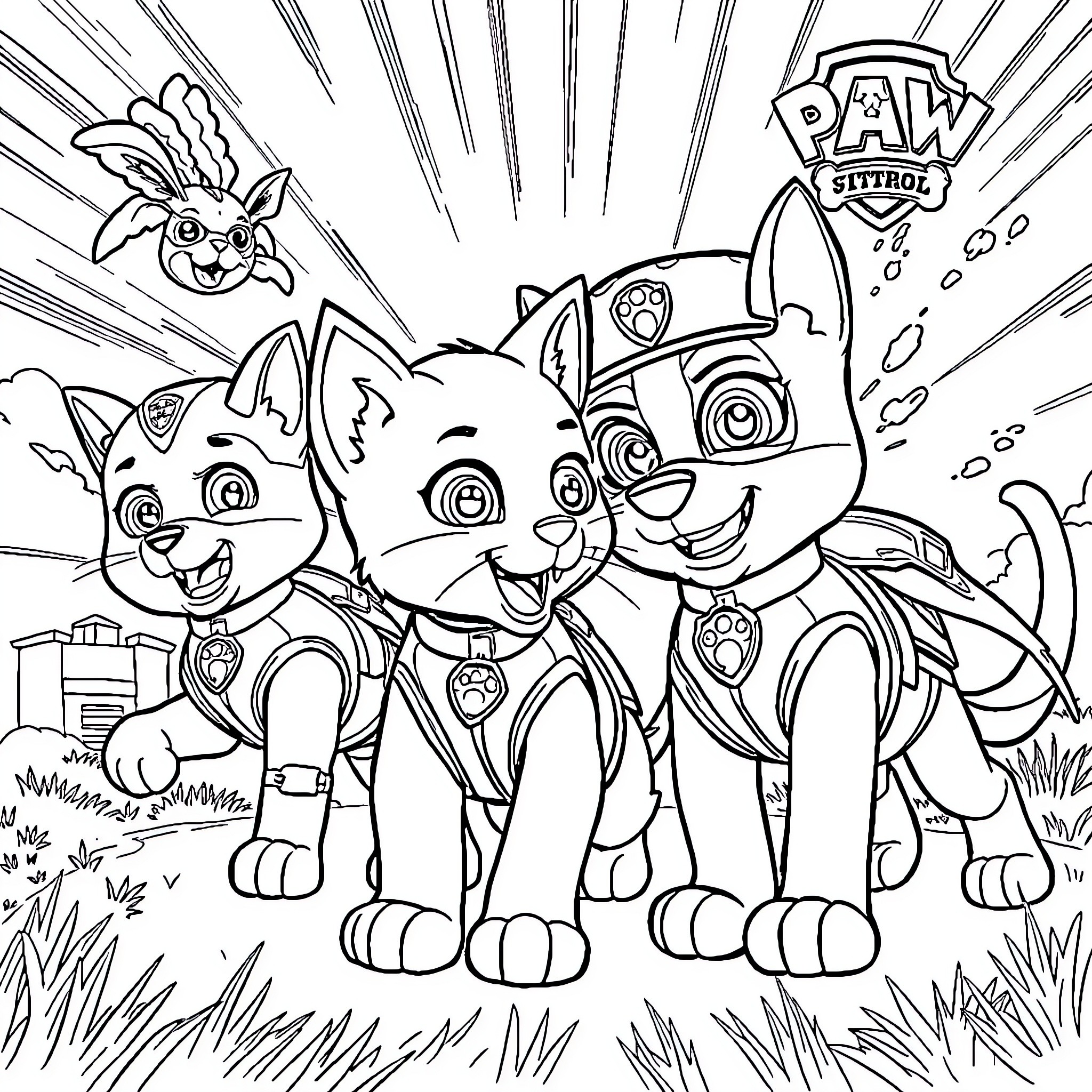 Kittens in Paw Patrol uniforms on a mission Coloring Page (free black-and-white line drawing printable PDF for all, from beginners to advanced learners, including children, teens, adults, and seniors)