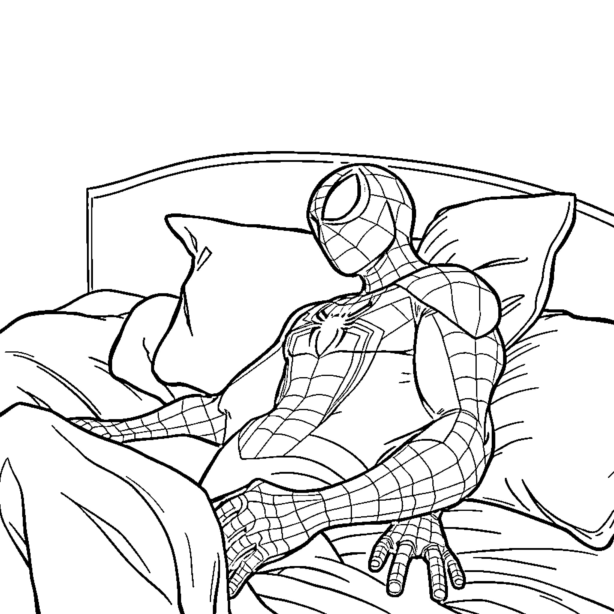 Spiderman swinging through the city Coloring Page (free black-and-white line drawing printable PDF for all, from beginners to advanced learners, including children, teens, adults, and seniors)