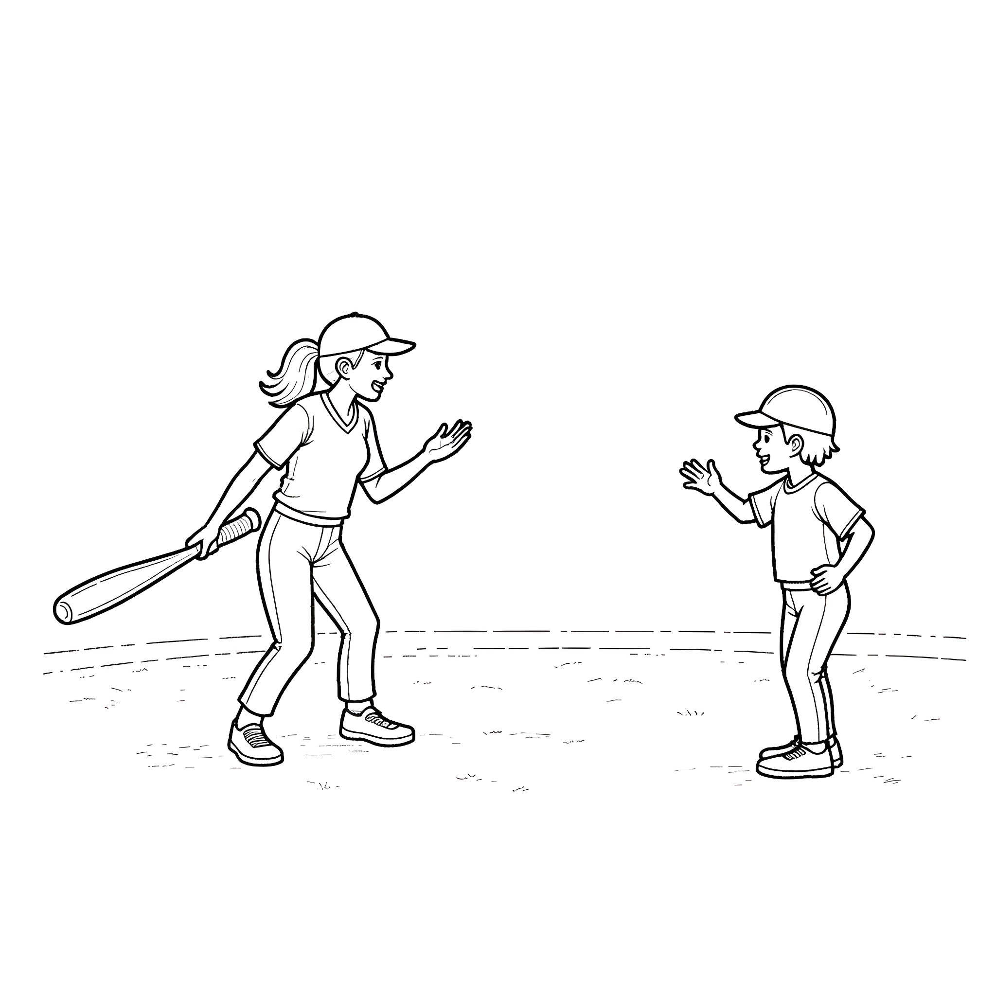 Mom coaches young child in baseball practice Coloring Page (free black-and-white line drawing printable PDF for all, from beginners to advanced learners, including children, teens, adults, and seniors)