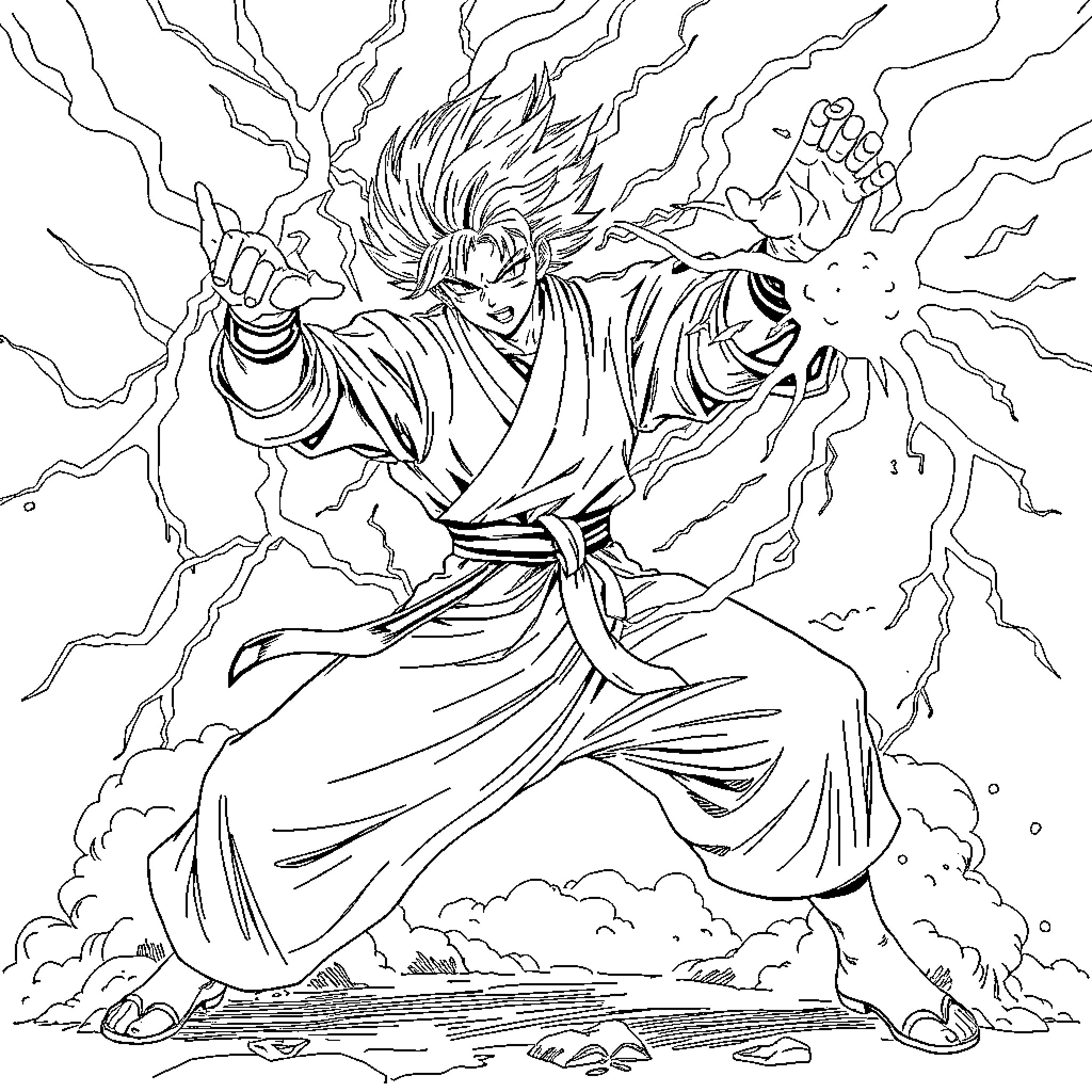 Zenitsu unleashing powerful lightning attack Coloring Page (free black-and-white line drawing printable PDF for all, from beginners to advanced learners, including children, teens, adults, and seniors)
