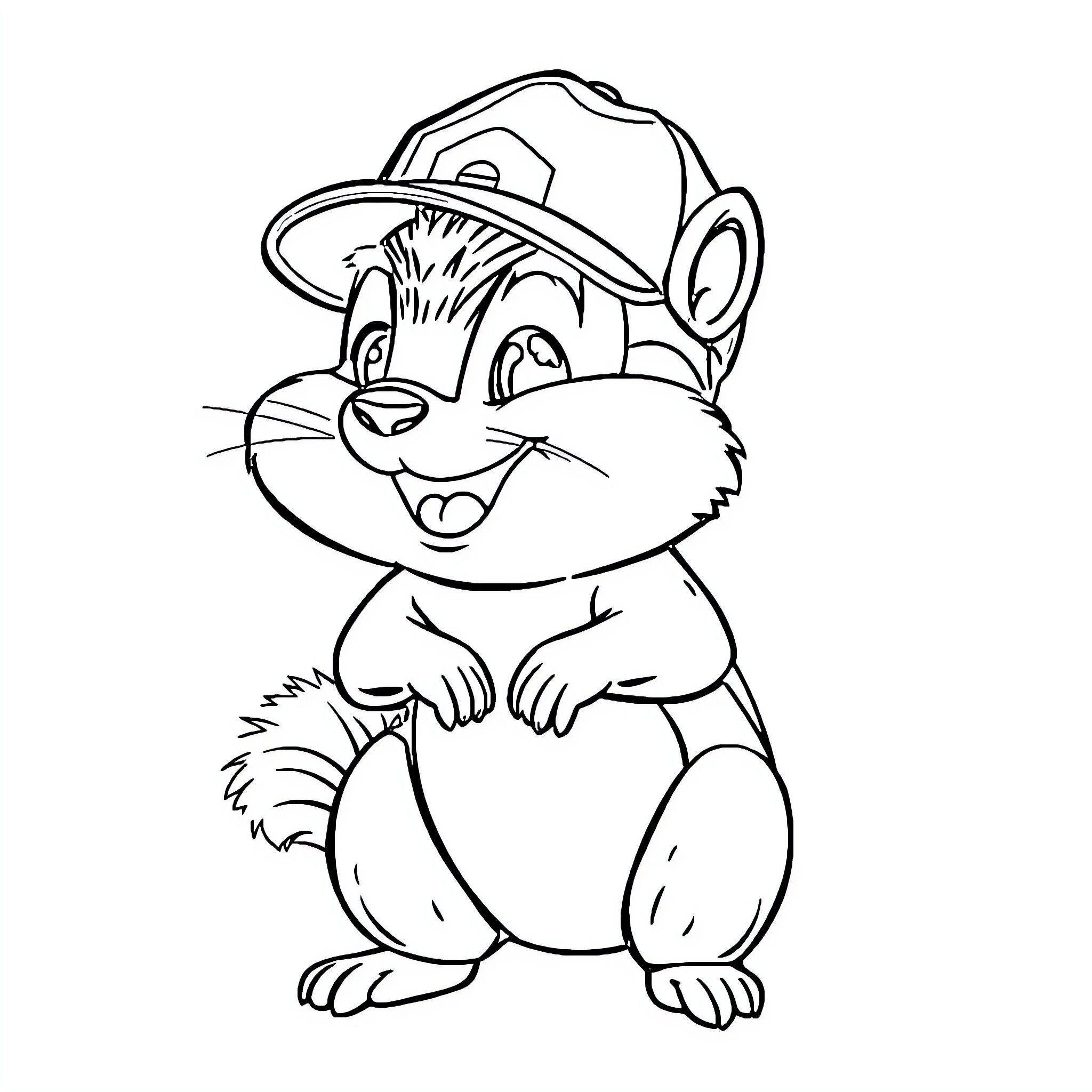 Alvin the Chipmunk in a Baseball Cap Coloring Page (free black-and-white line drawing printable PDF for all, from beginners to advanced learners, including children, teens, adults, and seniors)