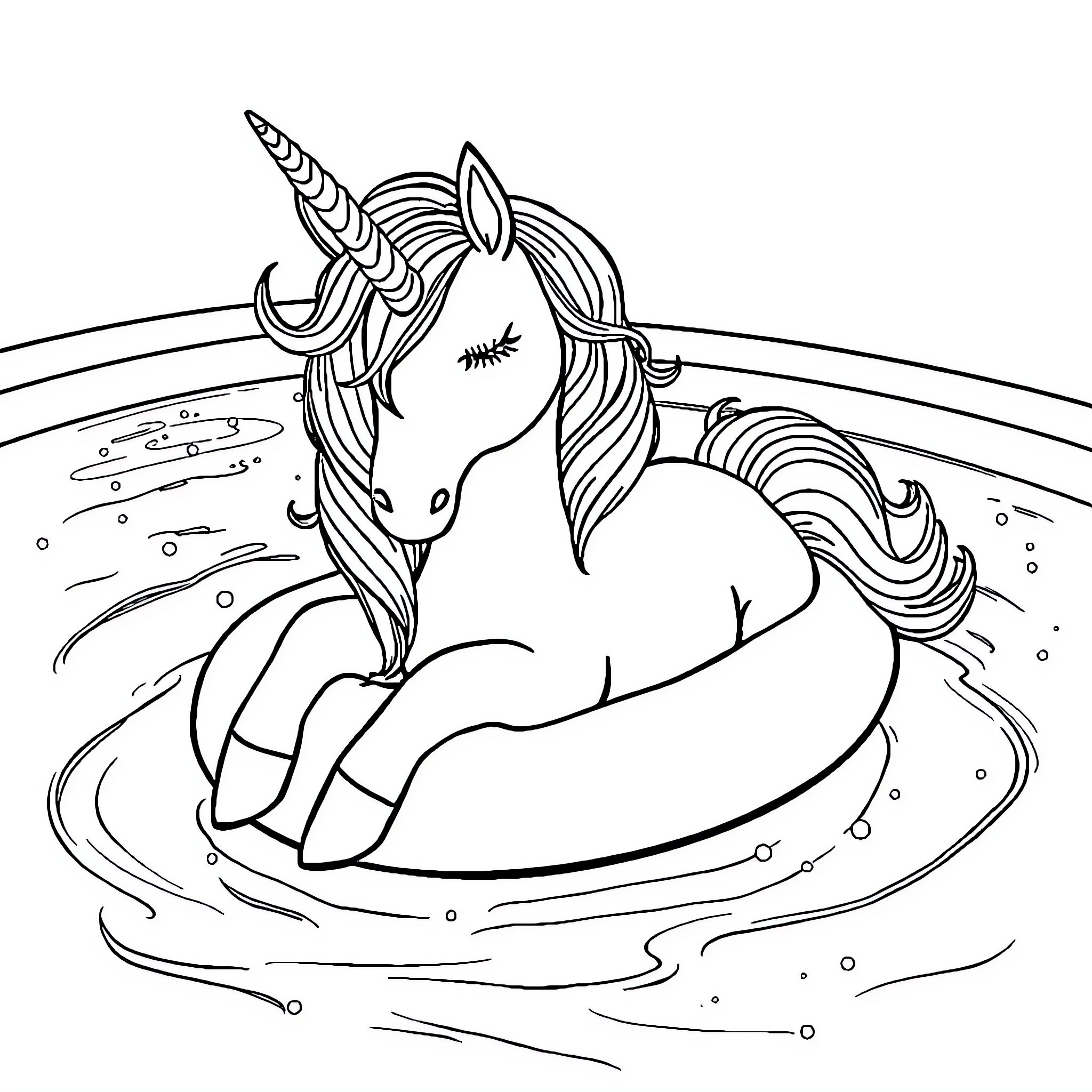 Unicorn Resting in Magical Pool Coloring Page (free black-and-white line drawing printable PDF for all, from beginners to advanced learners, including children, teens, adults, and seniors)