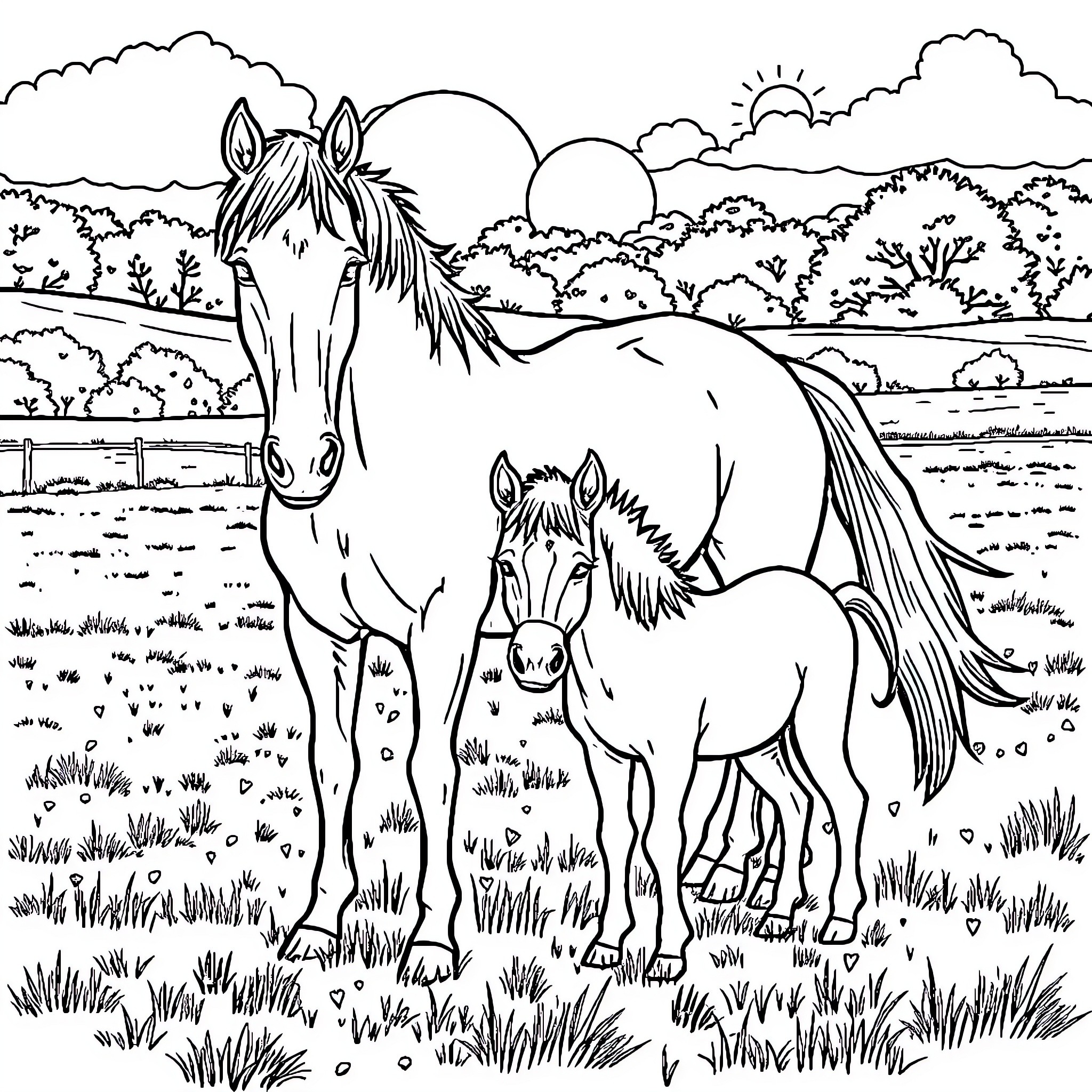 Horse and Foal Grazing in Pastoral Landscape Coloring Page (free black-and-white line drawing printable PDF for all, from beginners to advanced learners, including children, teens, adults, and seniors)
