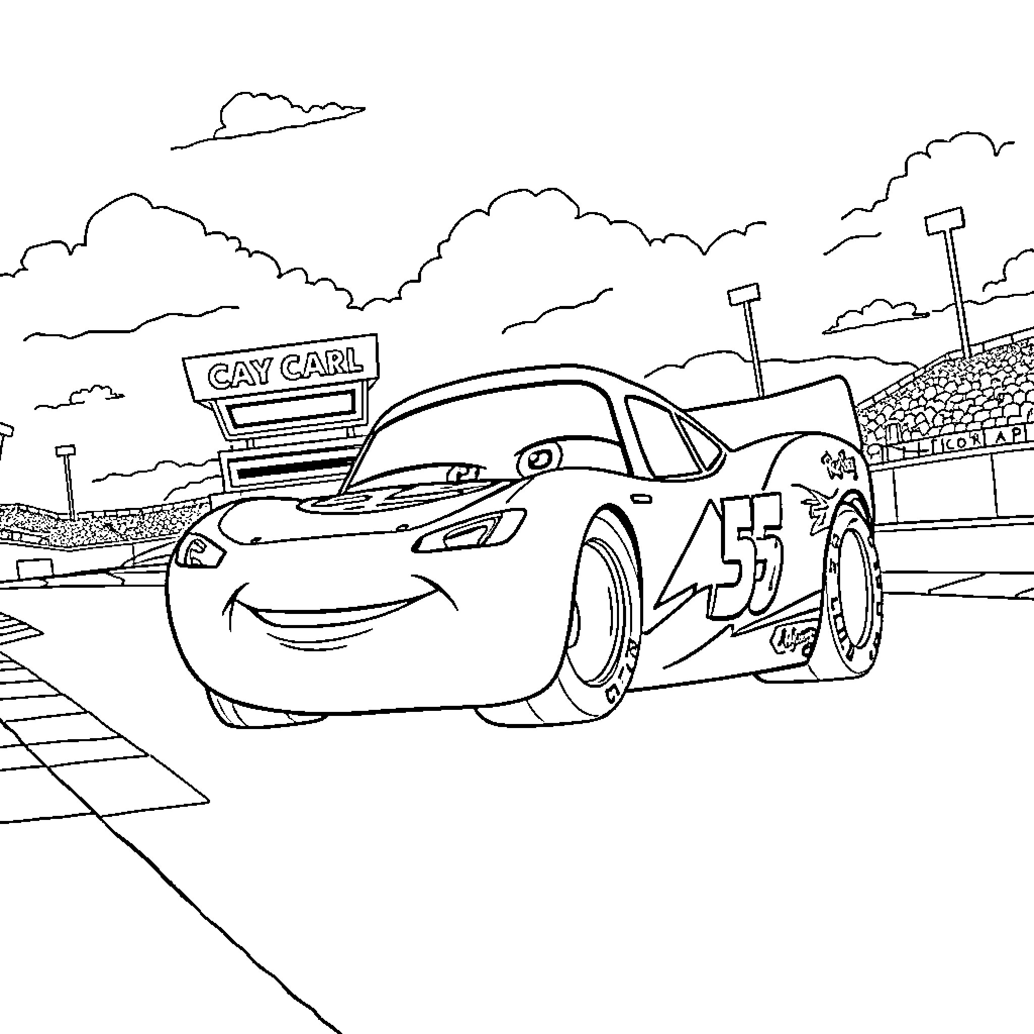Rayo McQueen racing at the track Coloring Page (free black-and-white line drawing printable PDF for all, from beginners to advanced learners, including children, teens, adults, and seniors)