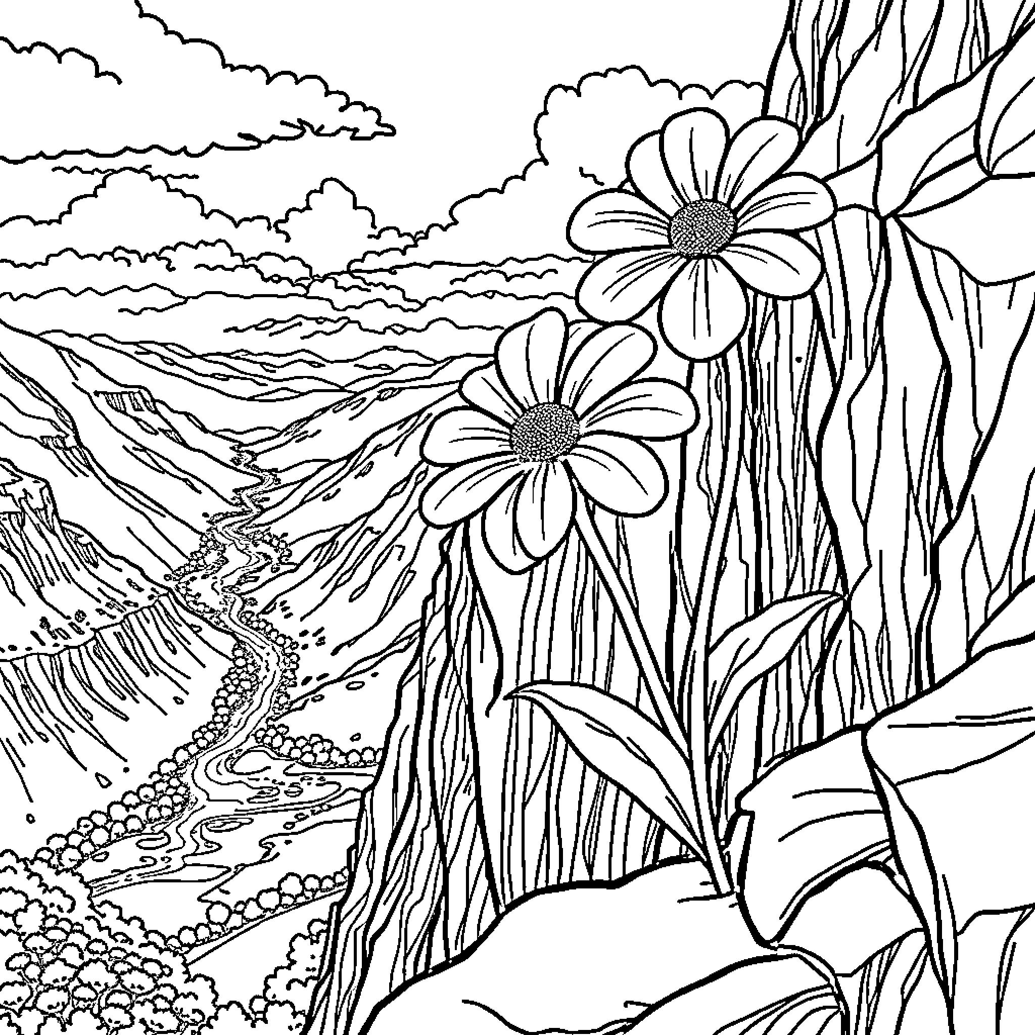 Flower-filled scenic landscape with flowing river and trees Coloring Page (free black-and-white line drawing printable PDF for all, from beginners to advanced learners, including children, teens, adults, and seniors)