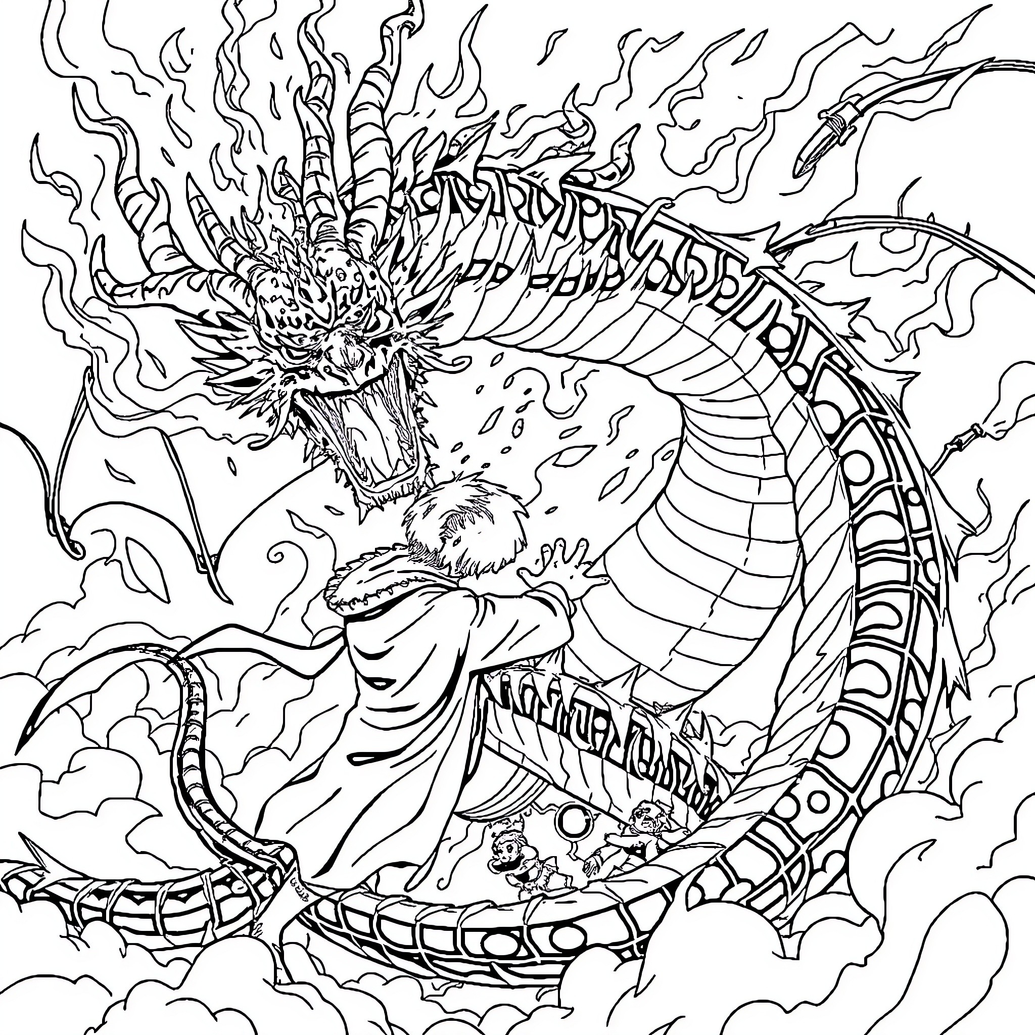 Dragon unleashing fiery breath upon a fearless warrior Coloring Page (free black-and-white line drawing printable PDF for all, from beginners to advanced learners, including children, teens, adults, and seniors)