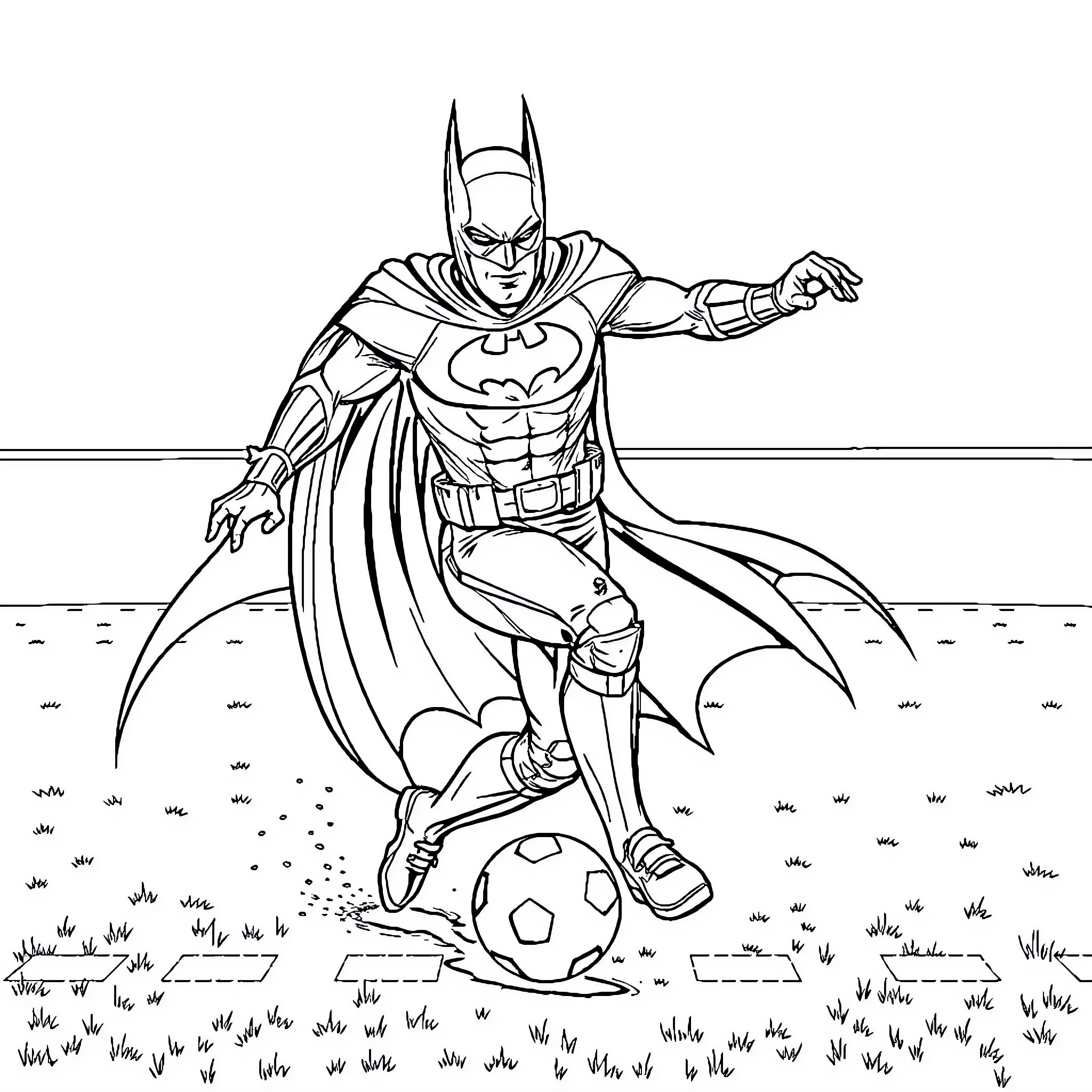 Batman kicking a soccer ball on the field Coloring Page (free black-and-white line drawing printable PDF for all, from beginners to advanced learners, including children, teens, adults, and seniors)