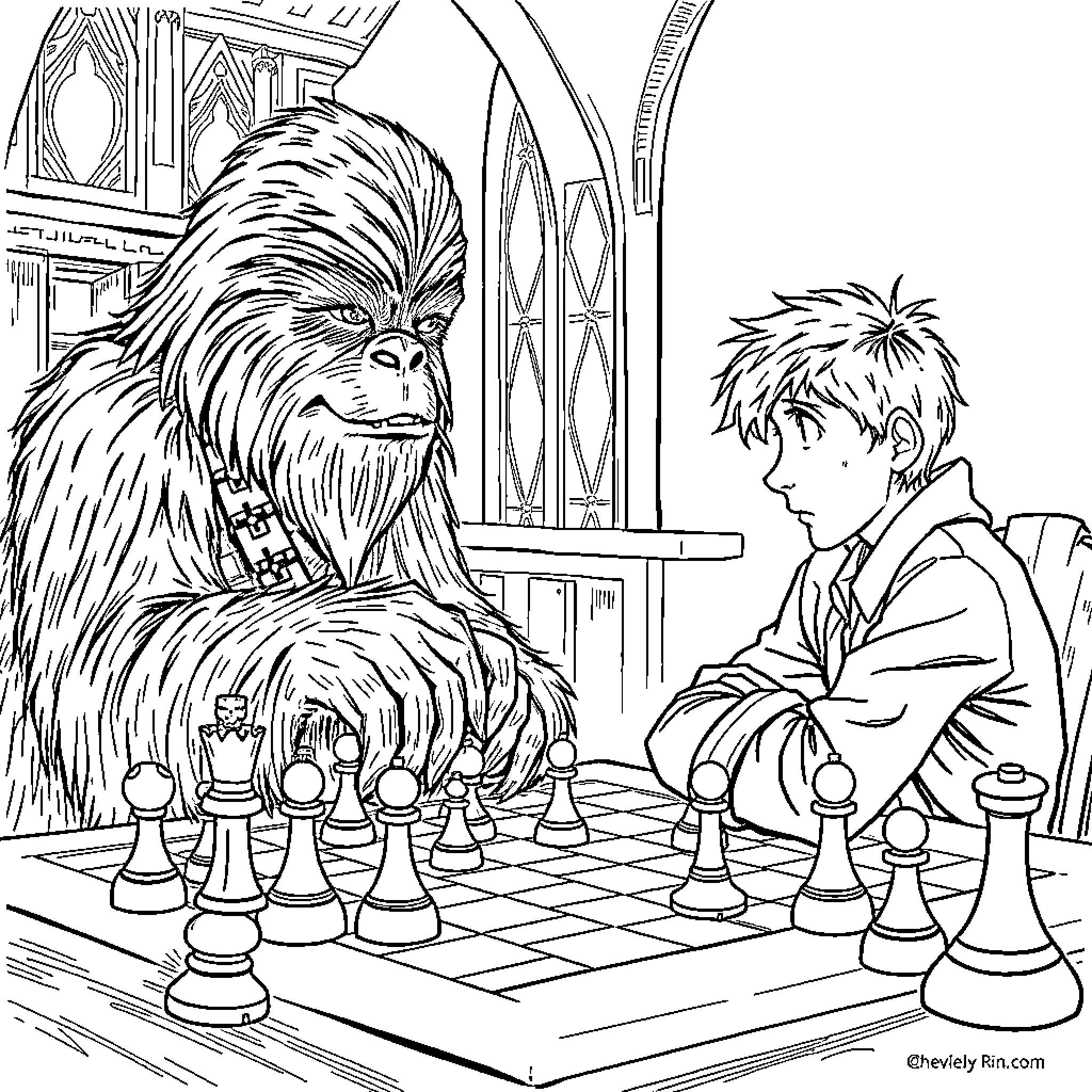 Chewbacca and boy playing chess in a castle Coloring Page (free black-and-white line drawing printable PDF for all, from beginners to advanced learners, including children, teens, adults, and seniors)