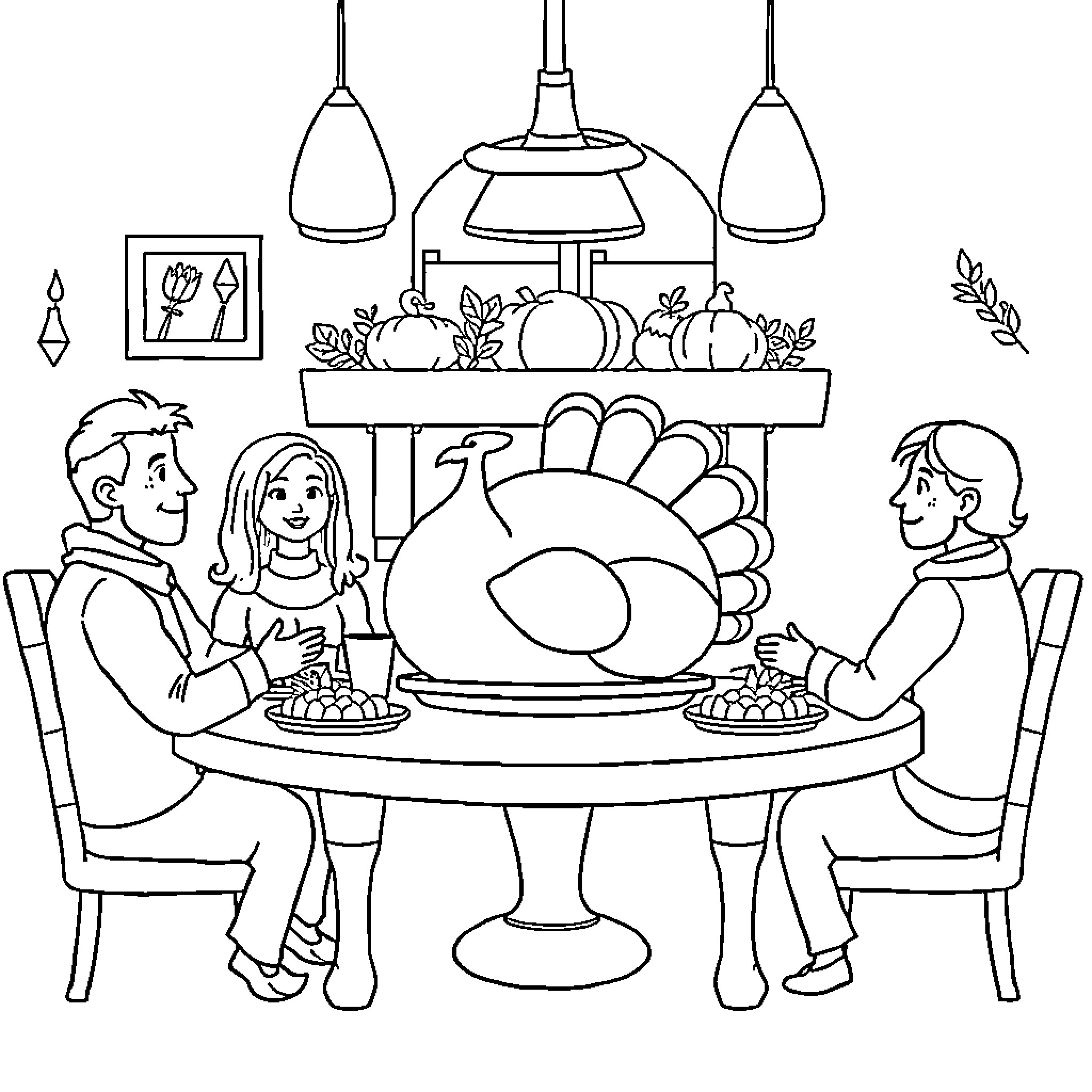 Thanksgiving Family Gathering Around Dinner Table Coloring Page (free black-and-white line drawing printable PDF for all, from beginners to advanced learners, including children, teens, adults, and seniors)