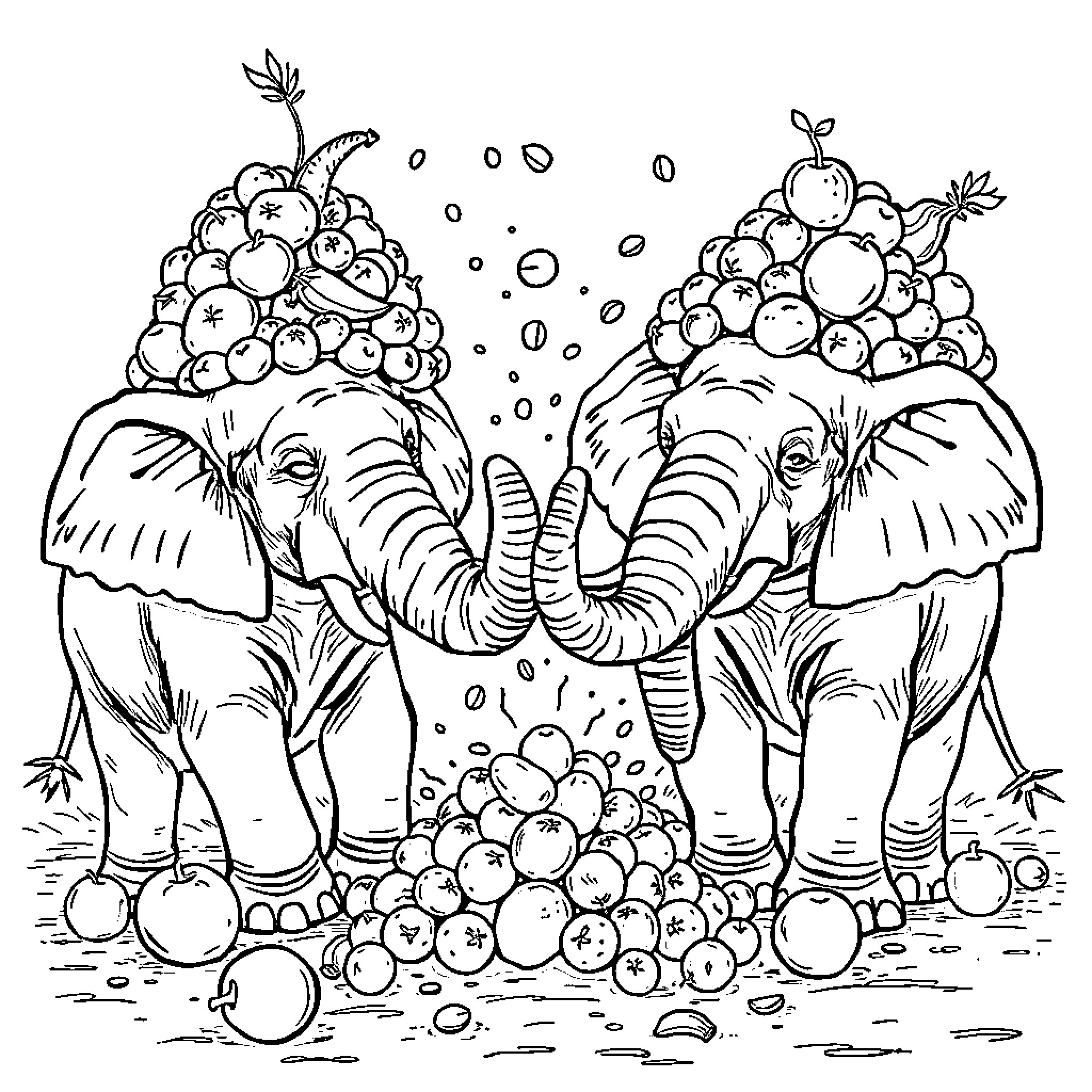 Elephant surrounded by a bounty of fruit Coloring Page (free black-and-white line drawing printable PDF for all, from beginners to advanced learners, including children, teens, adults, and seniors)