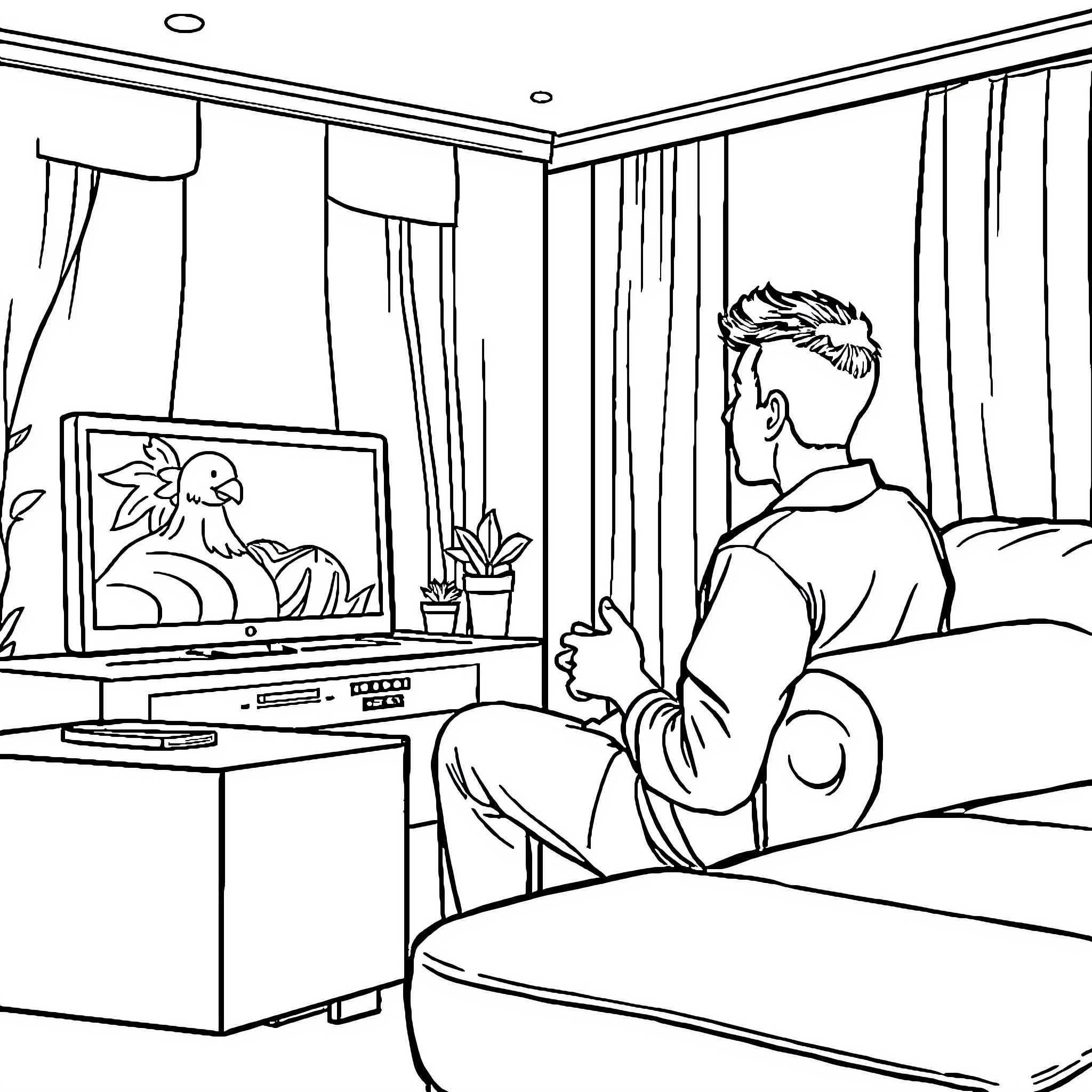 Permuda Relaxing at Home with Television Coloring Page (free black-and-white line drawing printable PDF for all, from beginners to advanced learners, including children, teens, adults, and seniors)