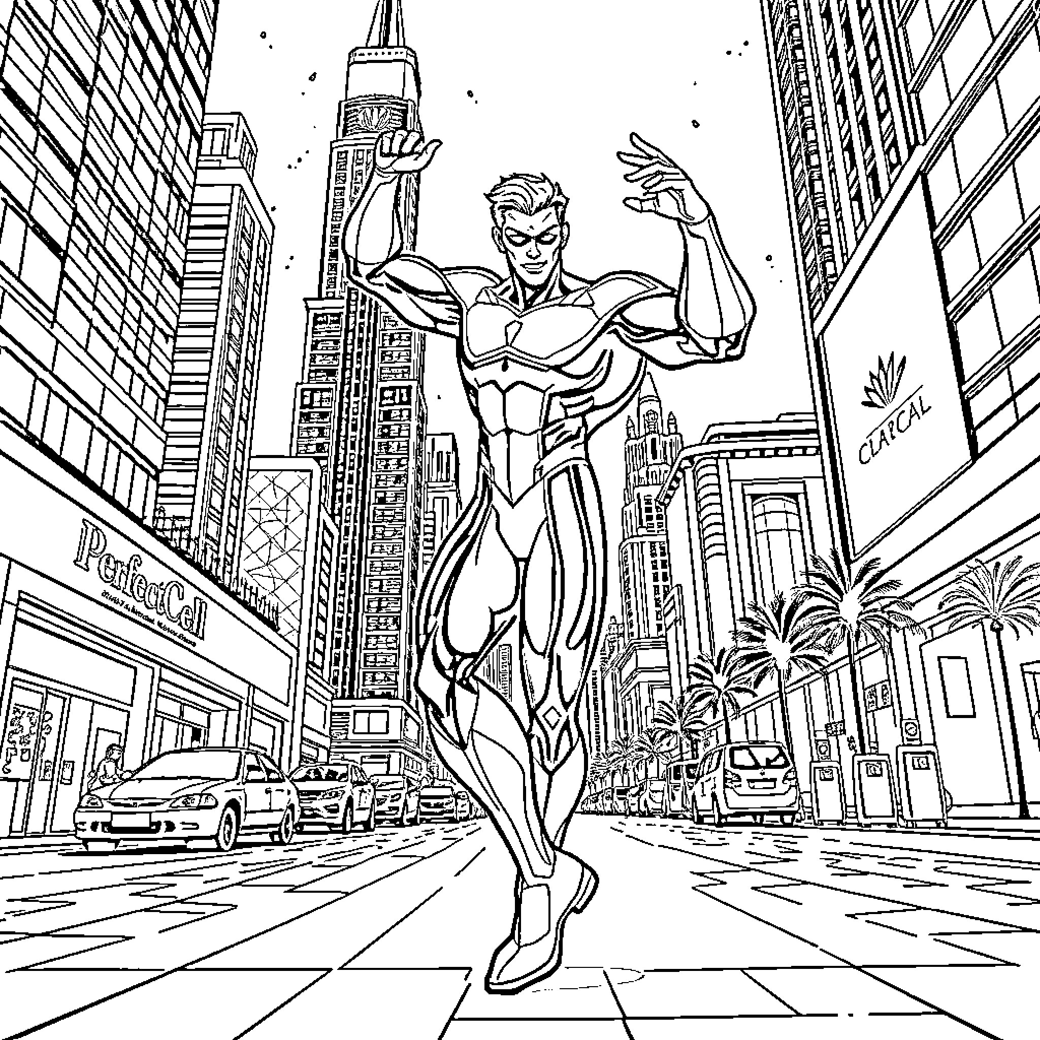 Cell Superhero in Action in the City Coloring Page (free black-and-white line drawing printable PDF for all, from beginners to advanced learners, including children, teens, adults, and seniors)