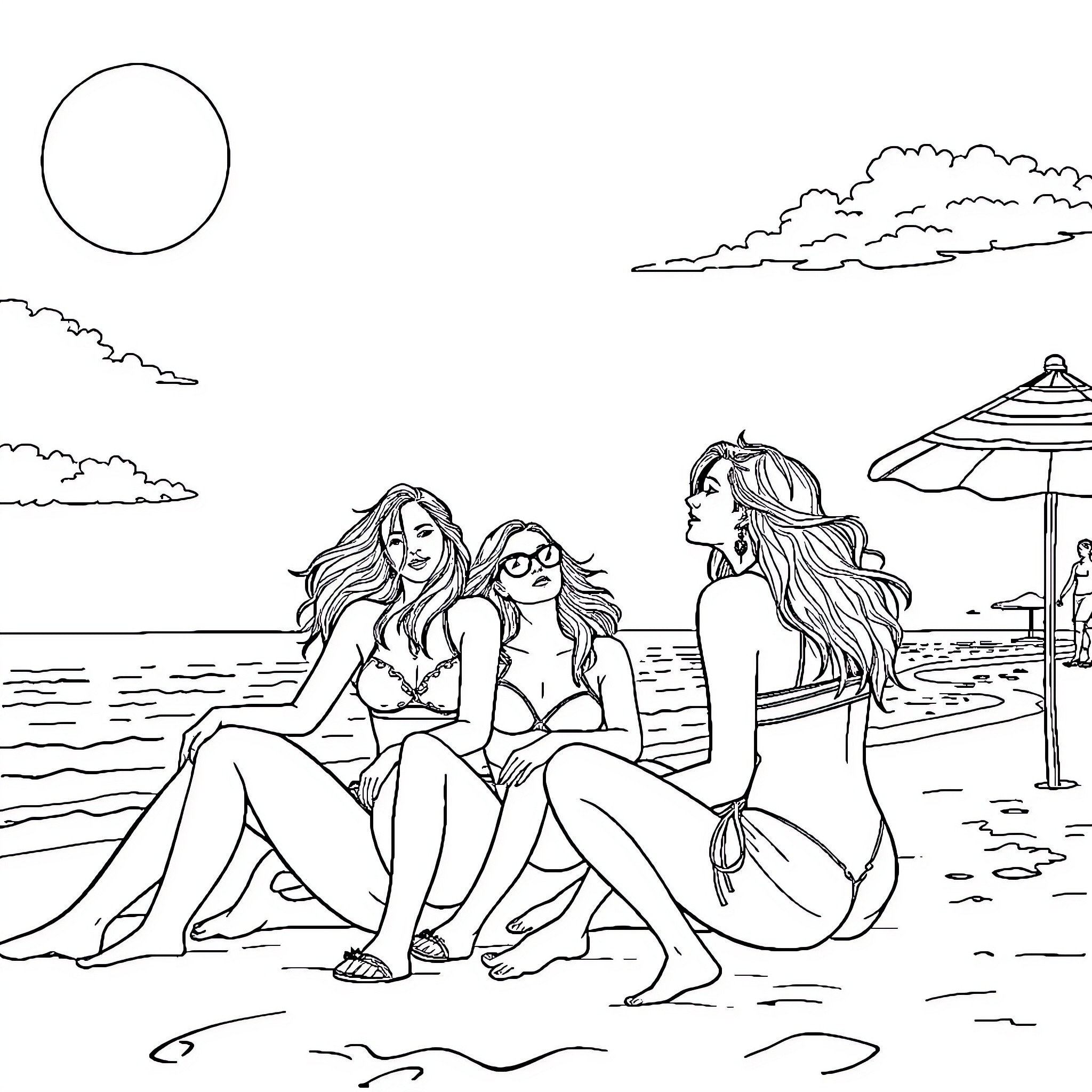 Girls enjoying a sunny day at the beach Coloring Page (free black-and-white line drawing printable PDF for all, from beginners to advanced learners, including children, teens, adults, and seniors)