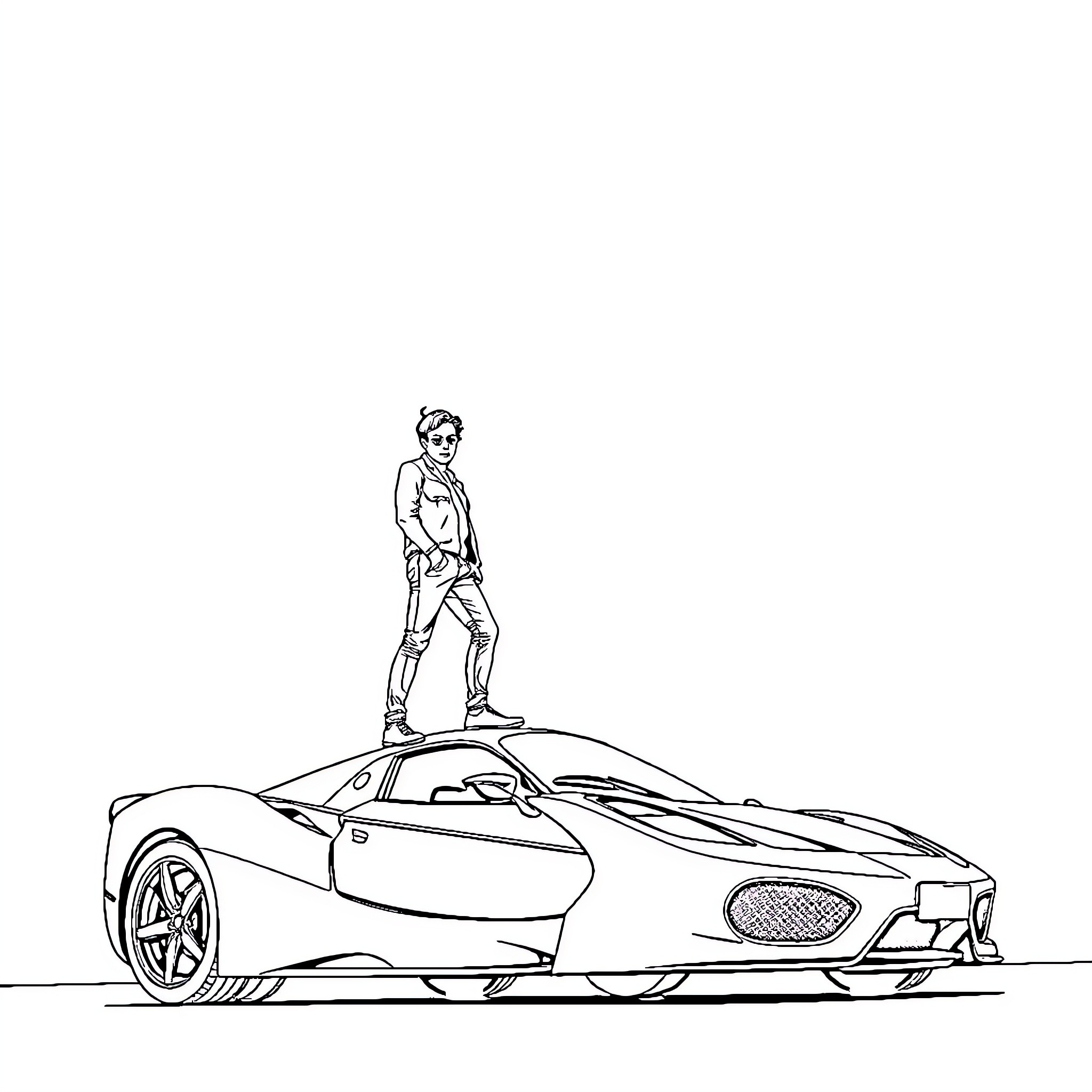 Man standing proudly on top of sports car Coloring Page (free black-and-white line drawing printable PDF for all, from beginners to advanced learners, including children, teens, adults, and seniors)