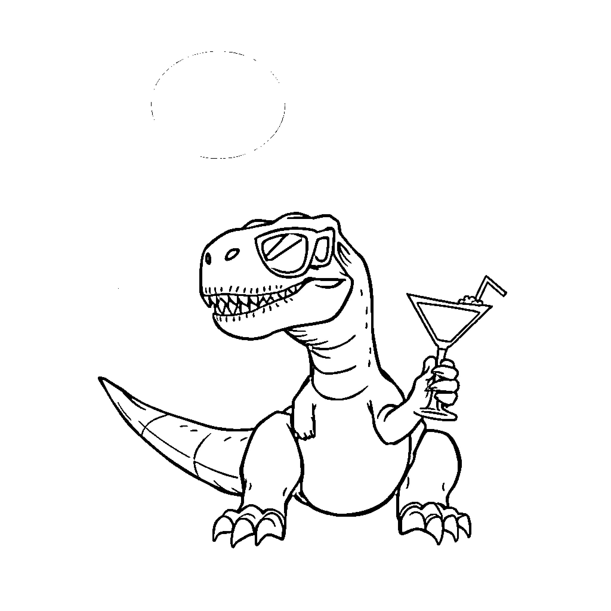 T-Rex enjoying a cocktail party Coloring Page (free black-and-white line drawing printable PDF for all, from beginners to advanced learners, including children, teens, adults, and seniors)
