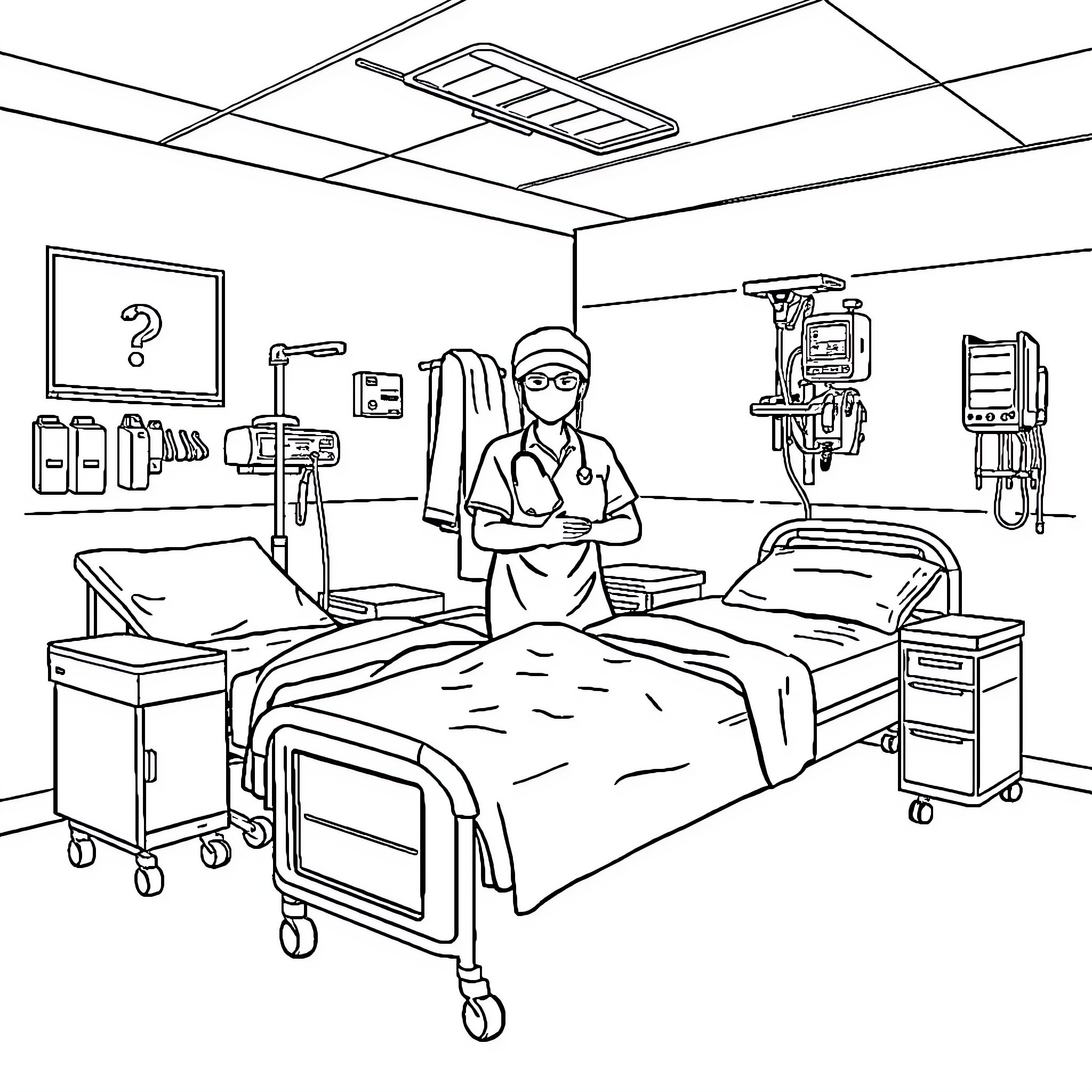 Nursing Care in a Hospital Room Coloring Page (free black-and-white line drawing printable PDF for all, from beginners to advanced learners, including children, teens, adults, and seniors)