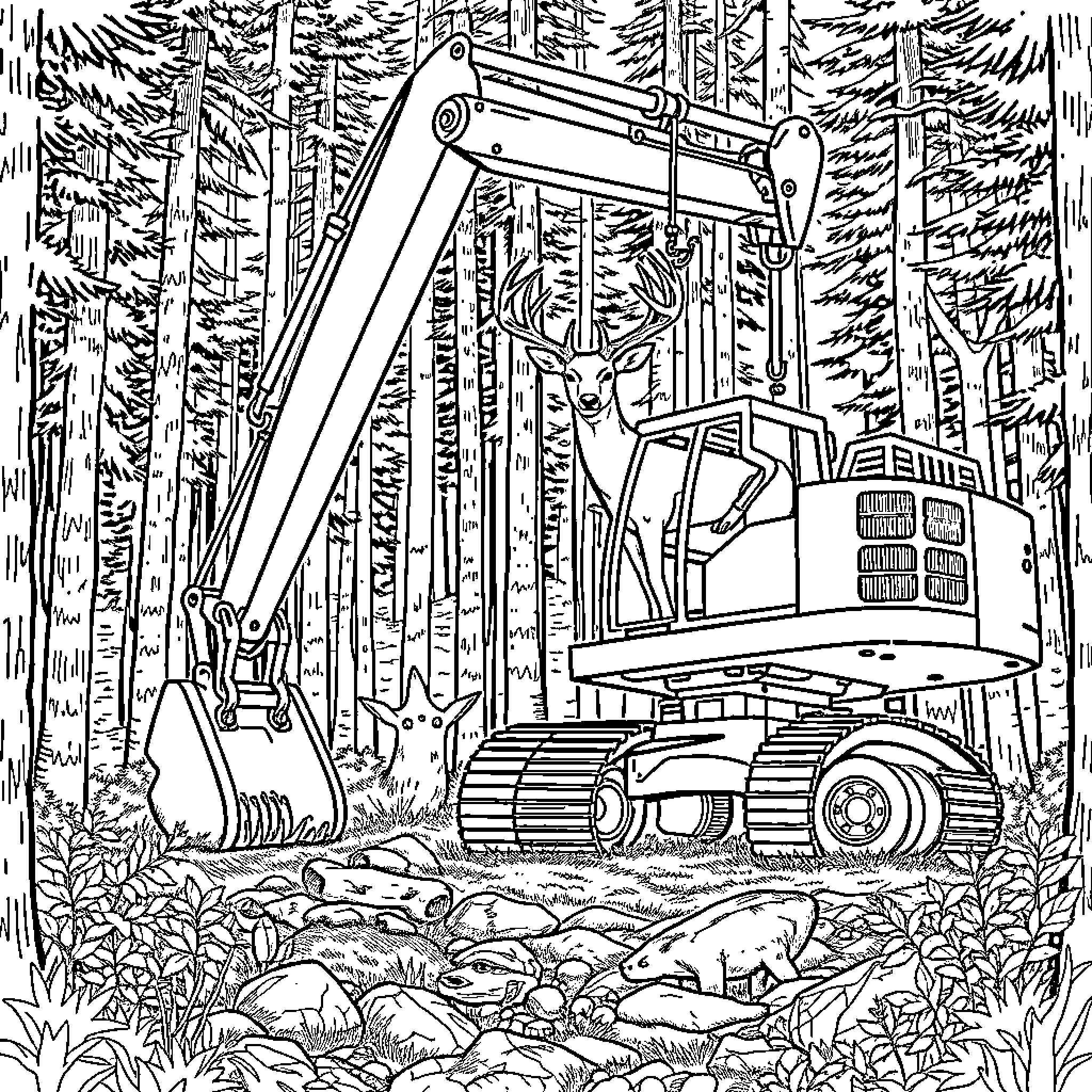 Excavator clearing a forest path Coloring Page (free black-and-white line drawing printable PDF for all, from beginners to advanced learners, including children, teens, adults, and seniors)