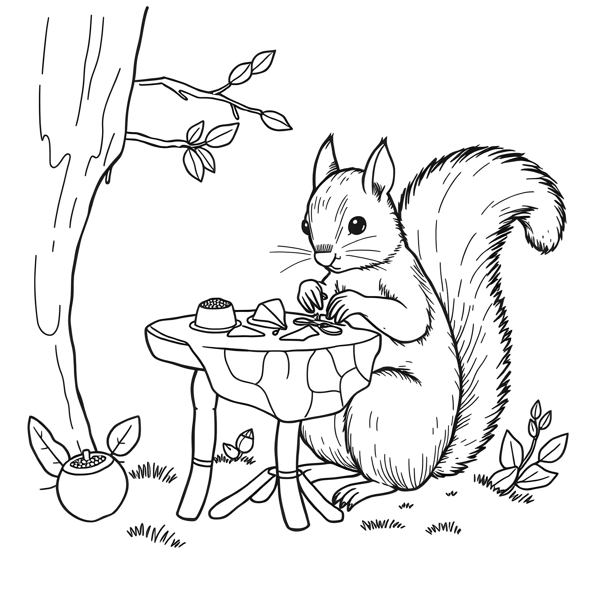 Squirrel enjoying a tasty snack on a tree stump Coloring Page (free black-and-white line drawing printable PDF for all, from beginners to advanced learners, including children, teens, adults, and seniors)