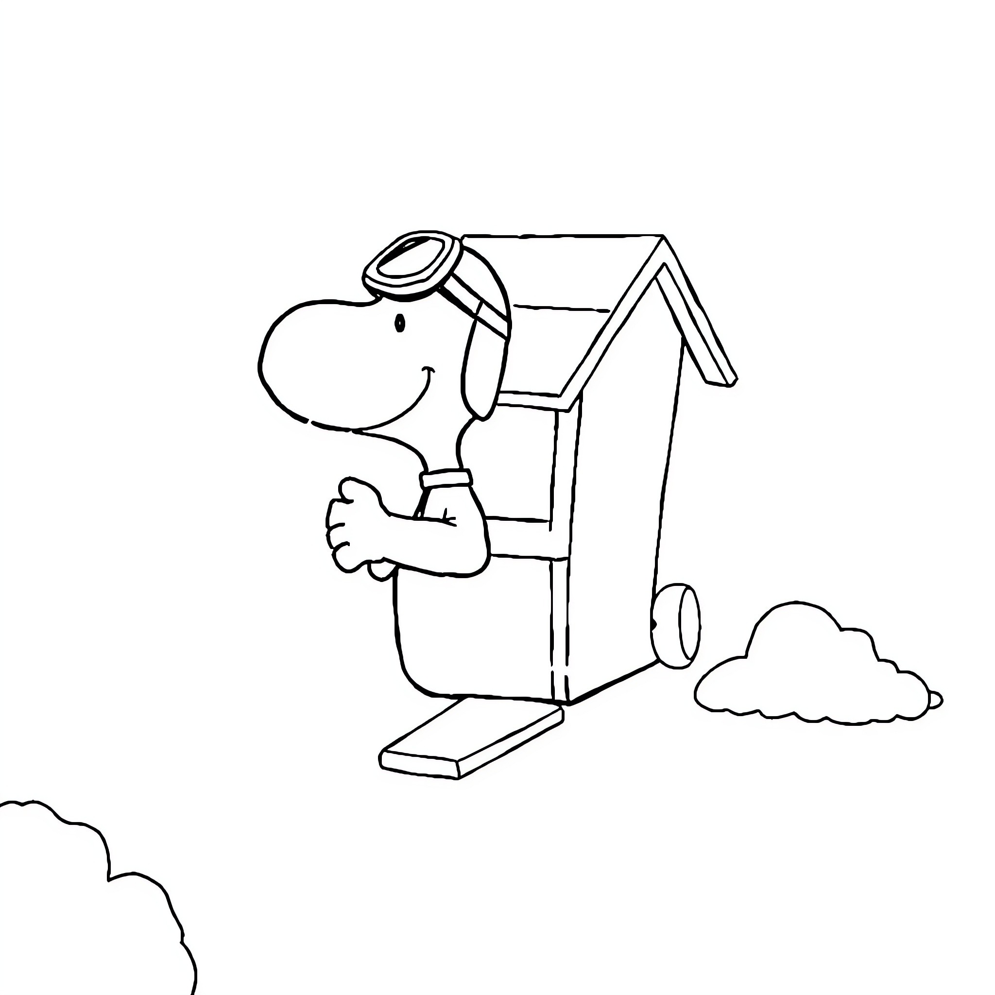 Snoopy the Pilot Flying His Doghouse Coloring Page (free black-and-white line drawing printable PDF for all, from beginners to advanced learners, including children, teens, adults, and seniors)