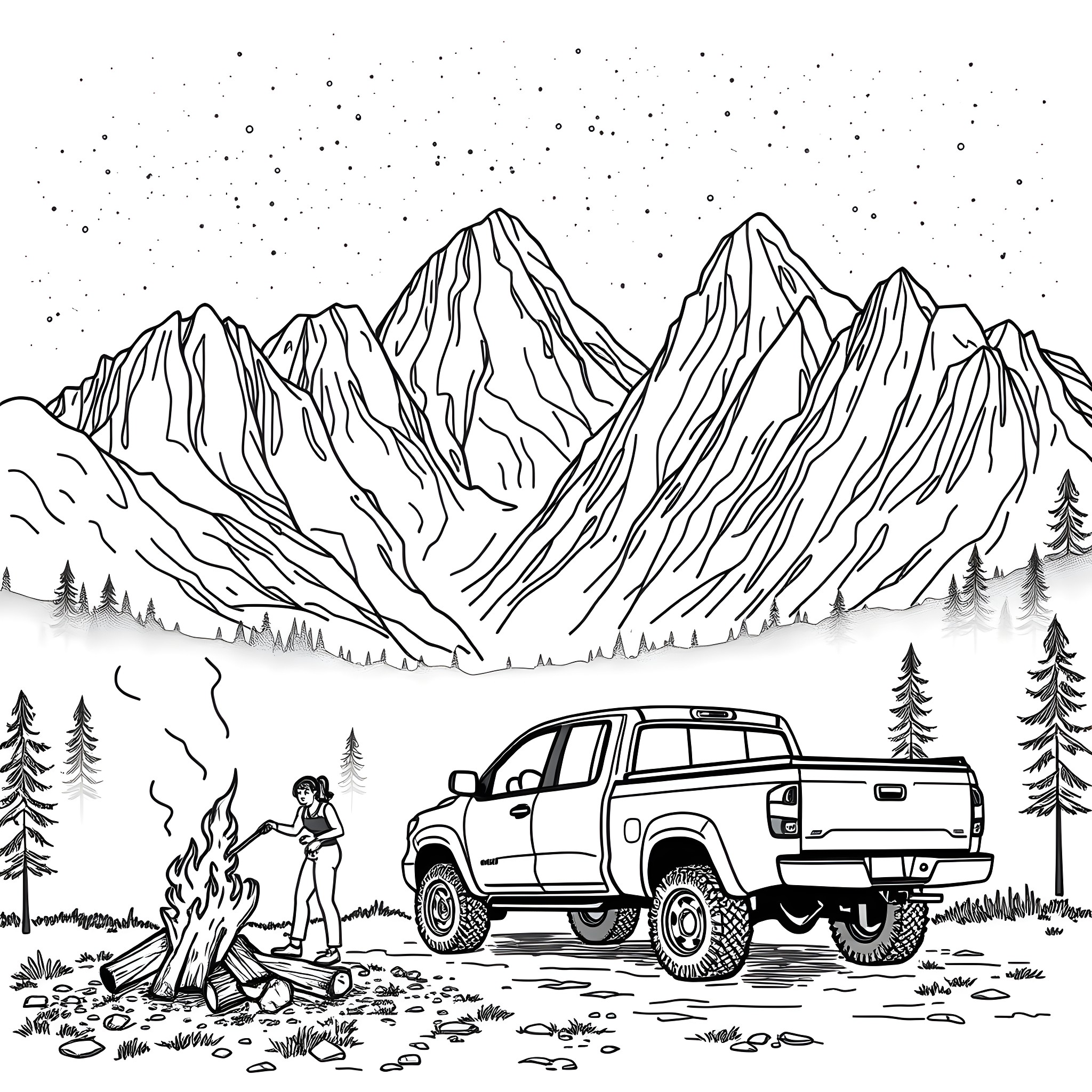 Pickup Truck Camping Adventure in the Mountains Coloring Page (free black-and-white line drawing printable PDF for all, from beginners to advanced learners, including children, teens, adults, and seniors)