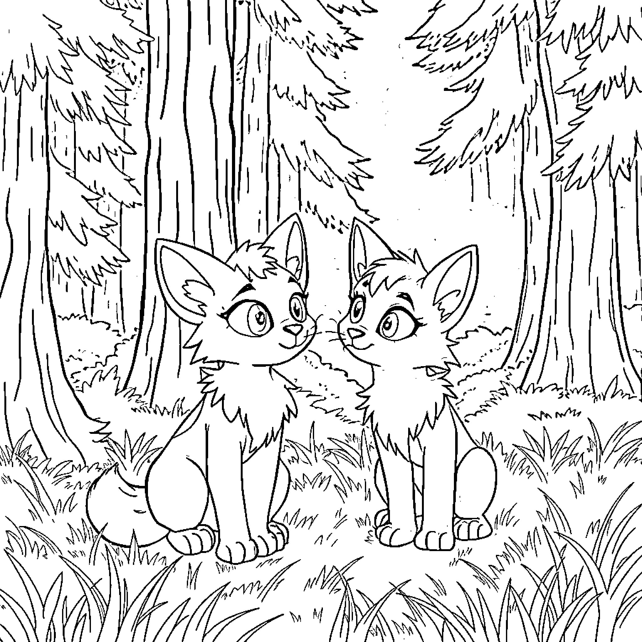 Rusty Foxes Exploring the Forest Coloring Page (free black-and-white line drawing printable PDF for all, from beginners to advanced learners, including children, teens, adults, and seniors)