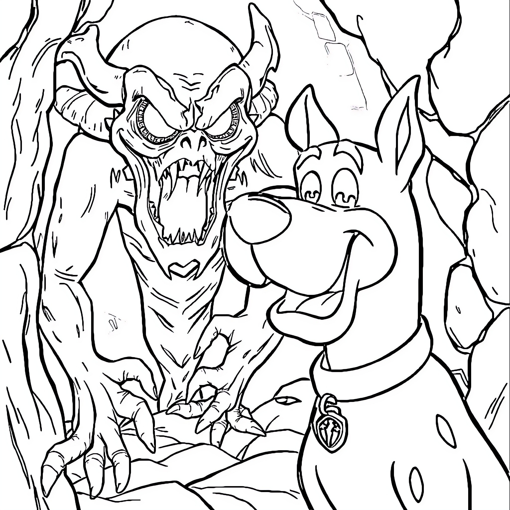 Scooby Doo confronts a fearsome creature in the woods Coloring Page (free black-and-white line drawing printable PDF for all, from beginners to advanced learners, including children, teens, adults, and seniors)