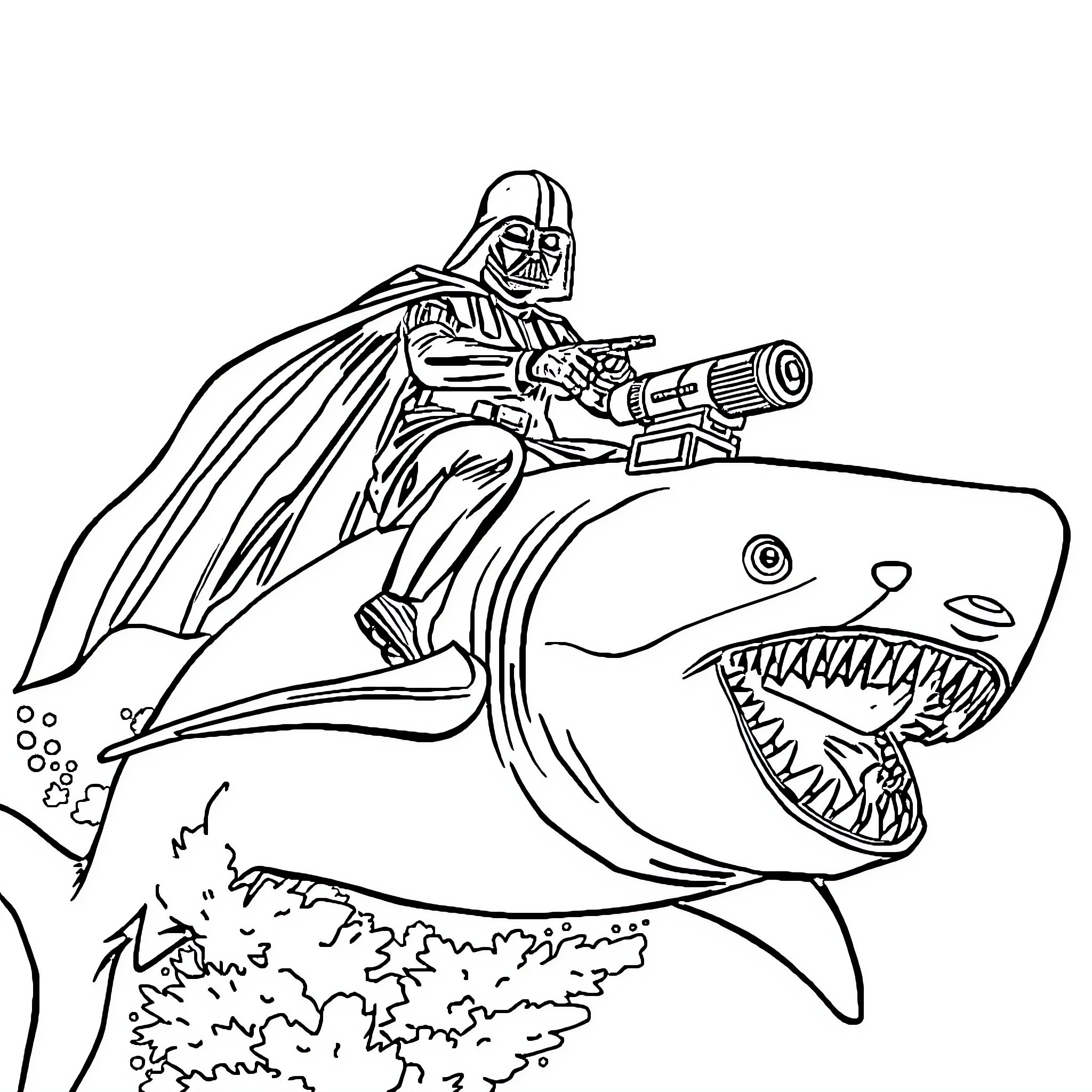 Darth Vader battles a fearsome sea creature Coloring Page (free black-and-white line drawing printable PDF for all, from beginners to advanced learners, including children, teens, adults, and seniors)
