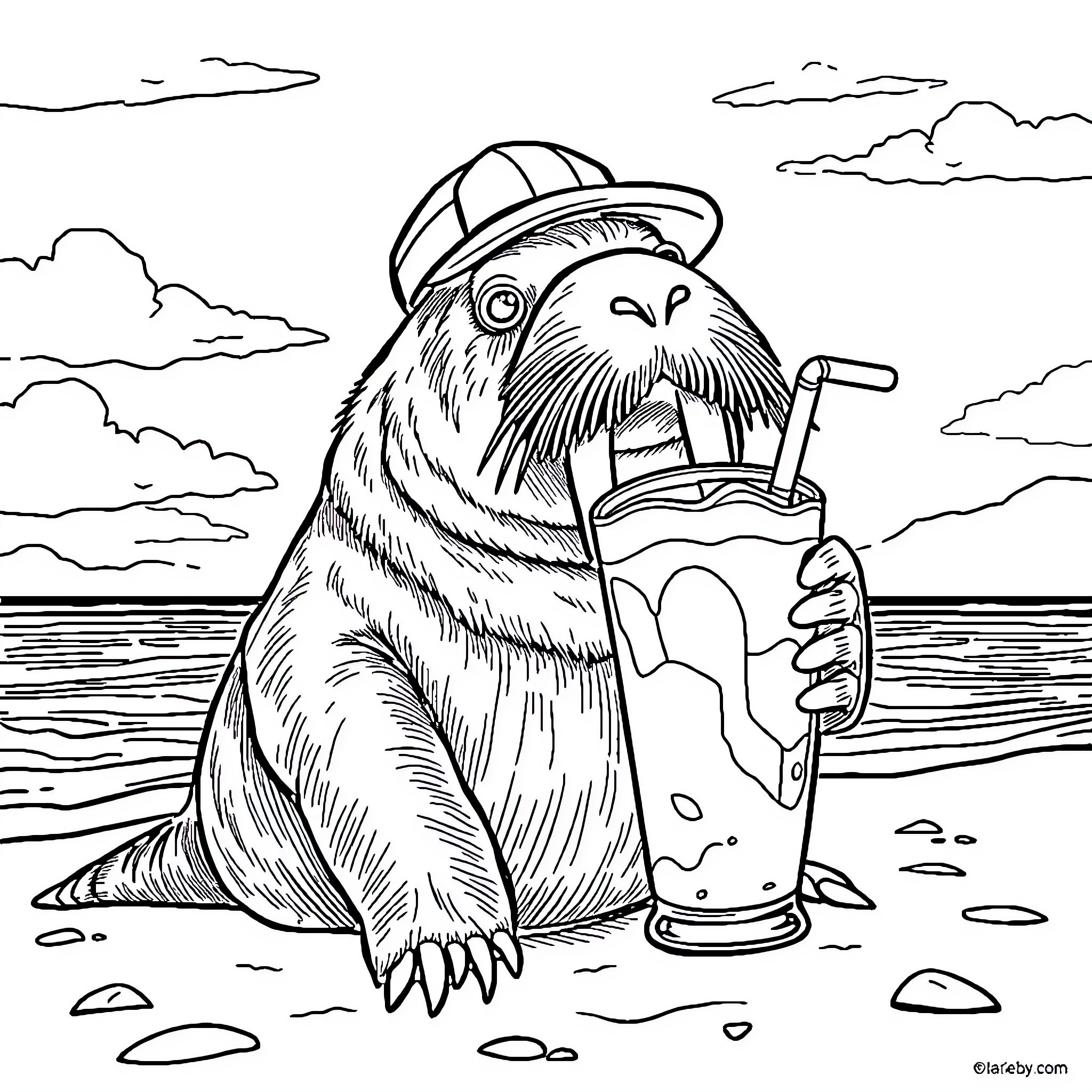 Walrus enjoying a refreshing drink on the beach Coloring Page (free black-and-white line drawing printable PDF for all, from beginners to advanced learners, including children, teens, adults, and seniors)