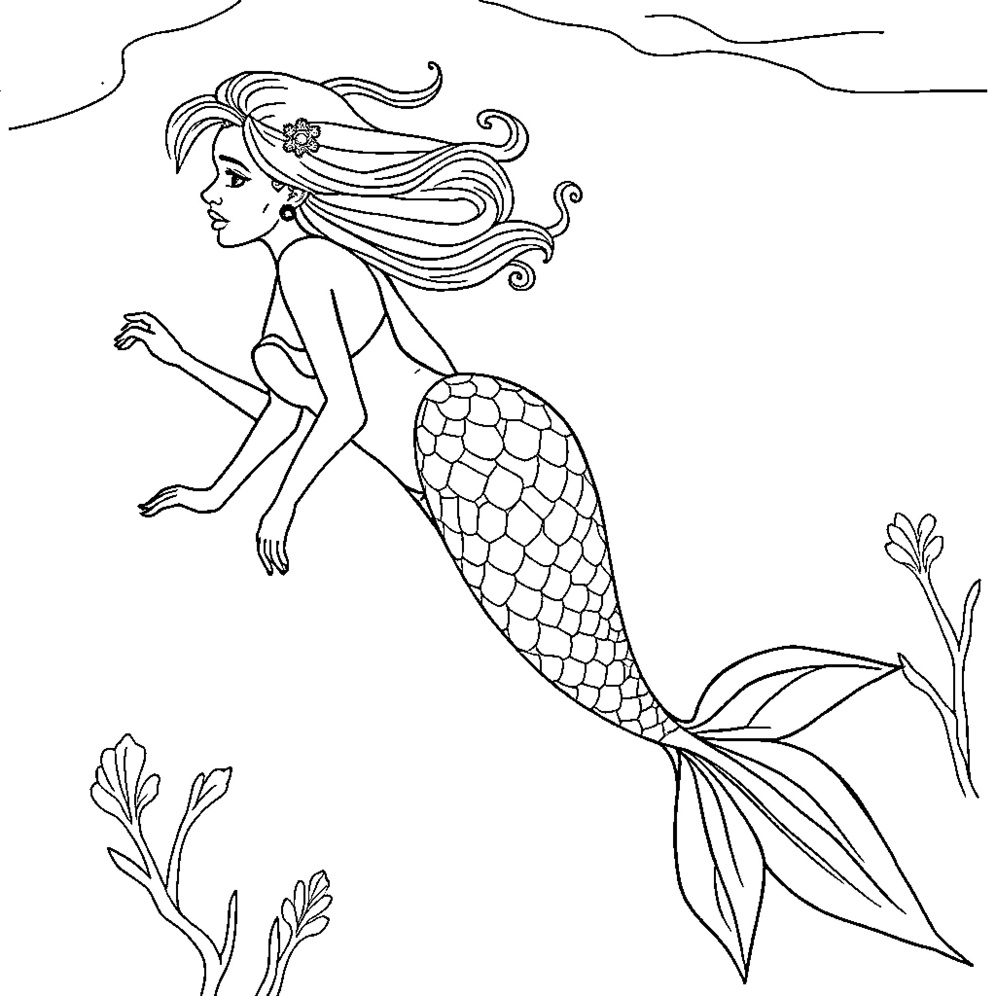 Mermaid exploring the underwater world Coloring Page (free black-and-white line drawing printable PDF for all, from beginners to advanced learners, including children, teens, adults, and seniors)