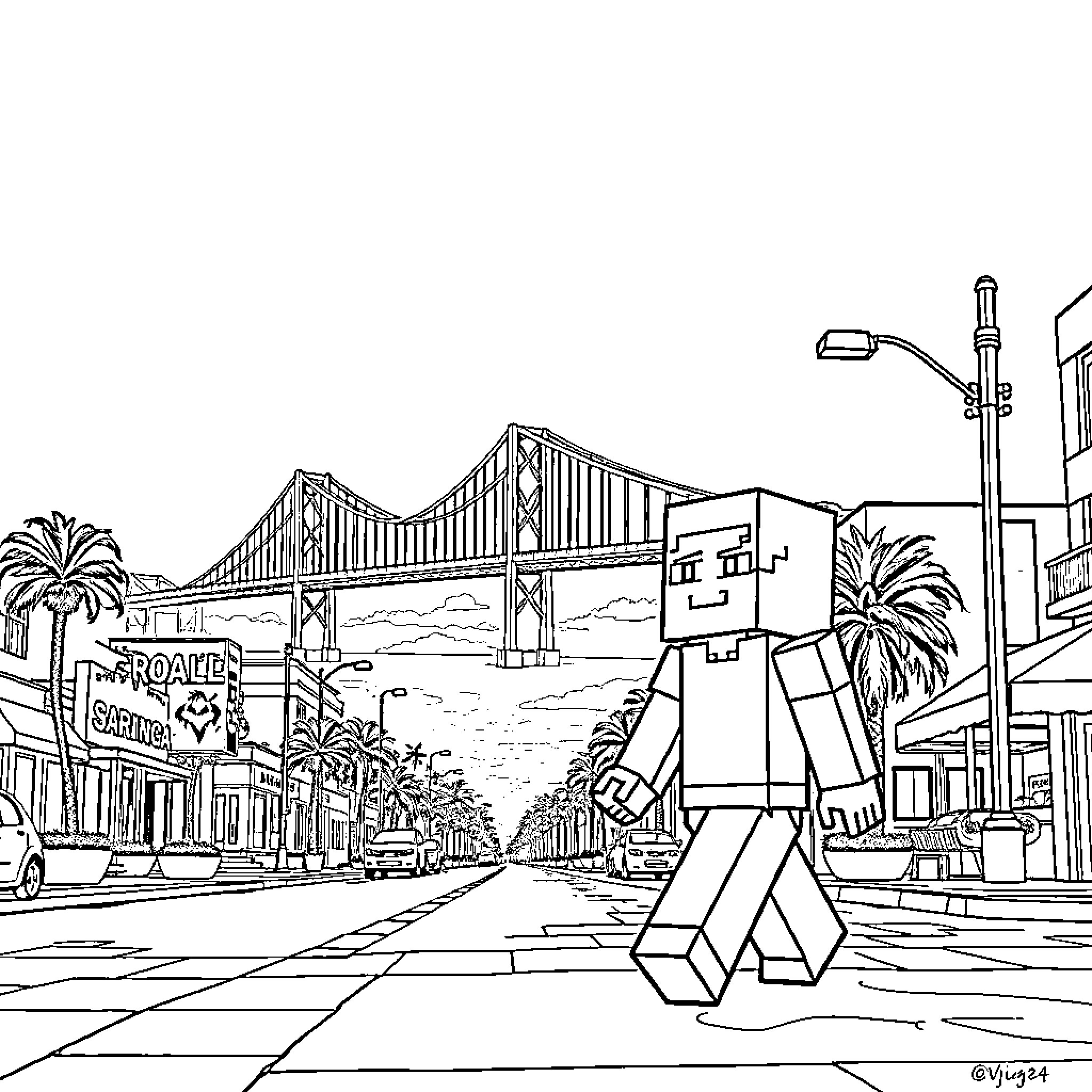 Minecraft Character exploring a city scene Coloring Page (free black-and-white line drawing printable PDF for all, from beginners to advanced learners, including children, teens, adults, and seniors)