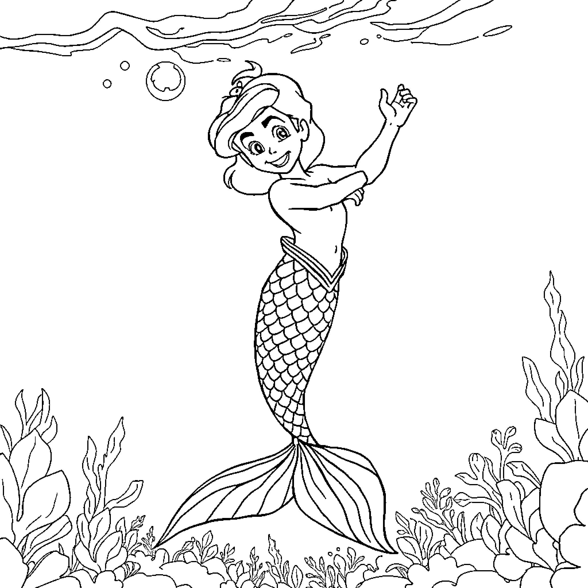 Aladdin's Underwater Adventure as a Mermaid Coloring Page (free black-and-white line drawing printable PDF for all, from beginners to advanced learners, including children, teens, adults, and seniors)