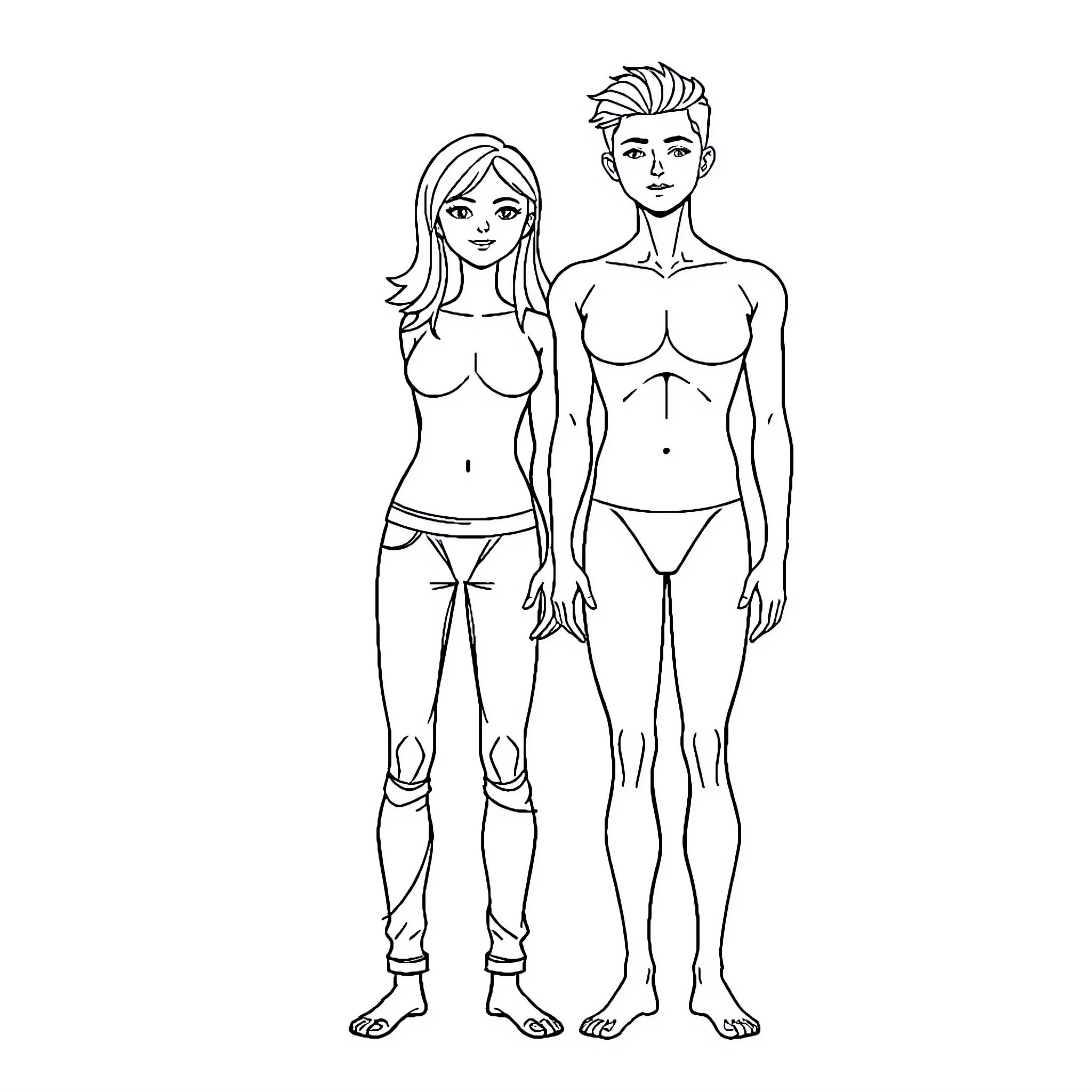 Human Body: Male and Female Figures Coloring Page (free black-and-white line drawing printable PDF for all, from beginners to advanced learners, including children, teens, adults, and seniors)
