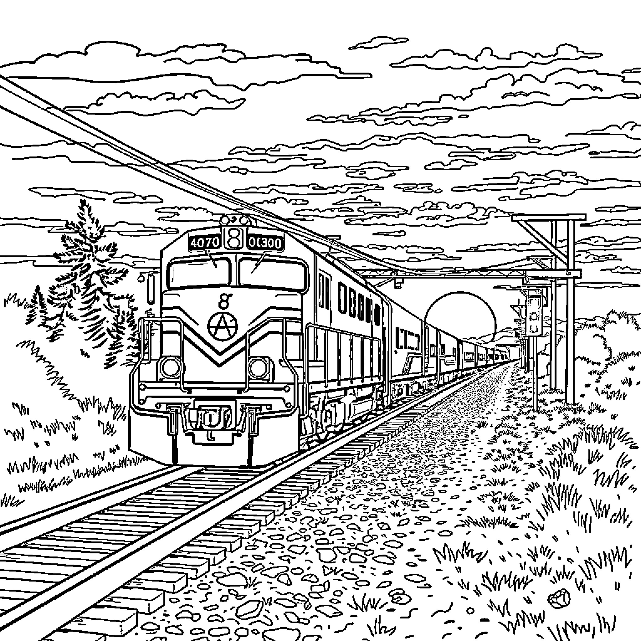 Train traveling through scenic countryside landscape Coloring Page (free black-and-white line drawing printable PDF for all, from beginners to advanced learners, including children, teens, adults, and seniors)